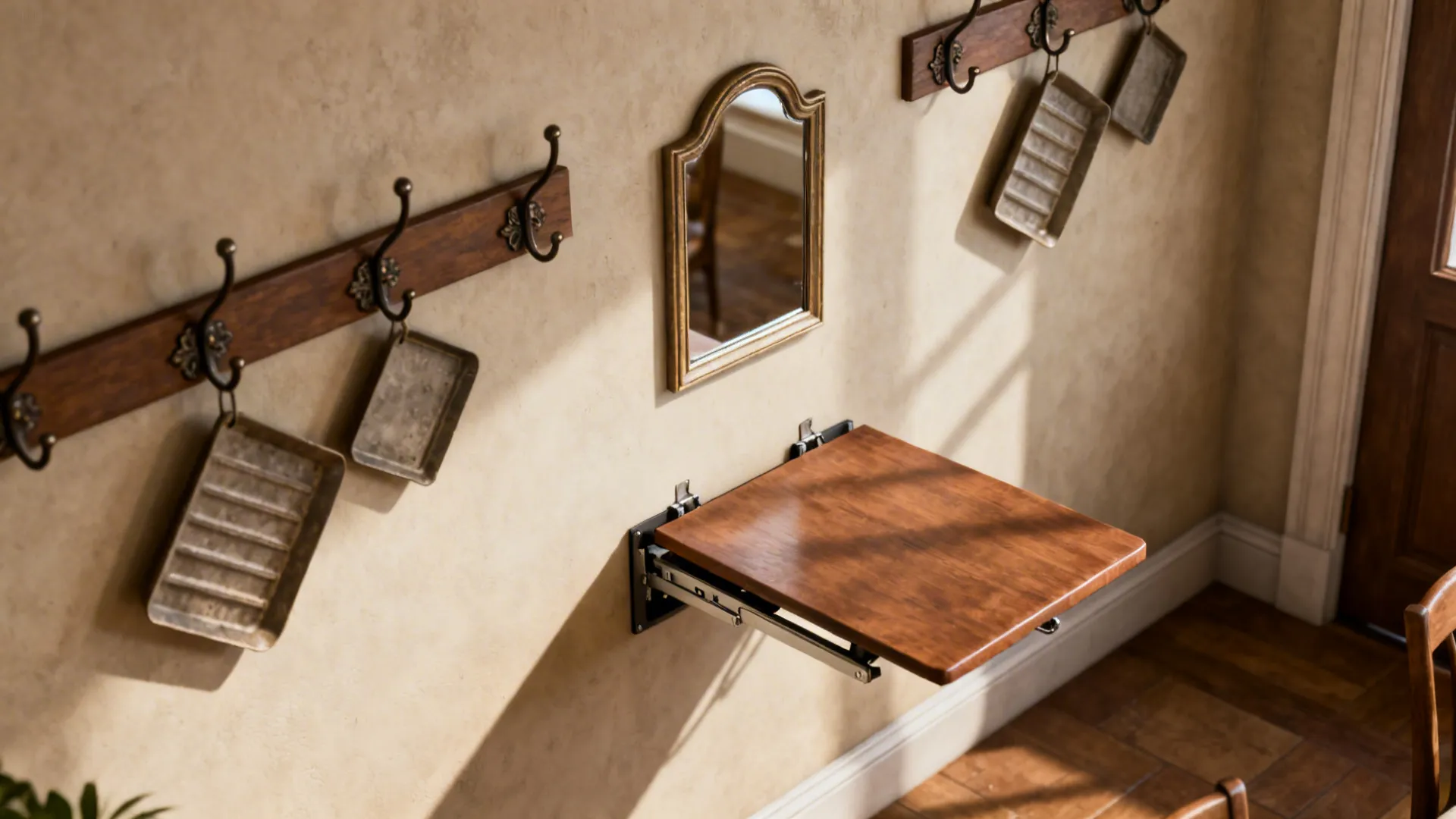 Functional wall with hooks, mirror and a fold-down table used as a serving station.