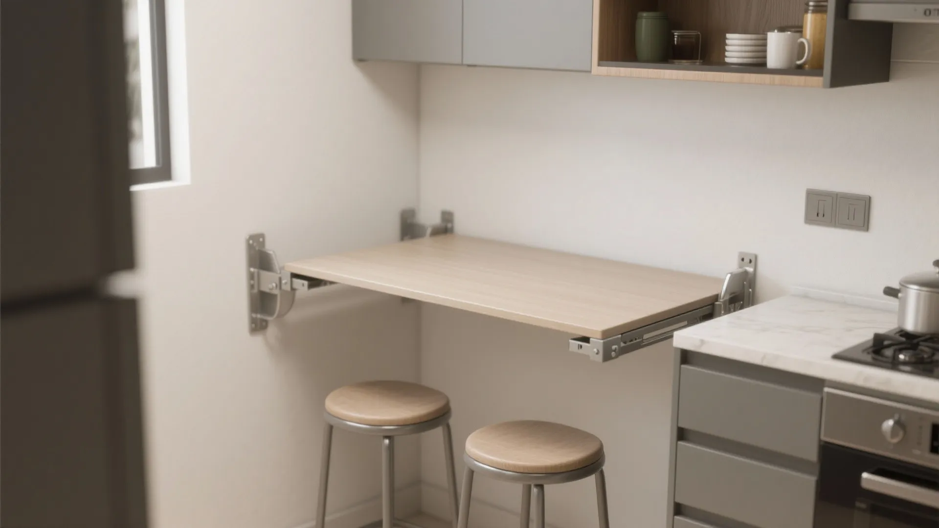 4. Wall-mounted foldaway table with stools