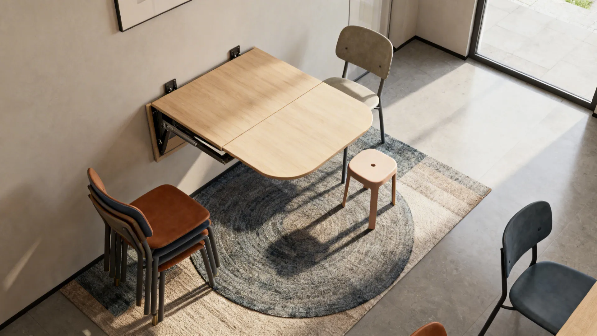 Top-down view of a partially folded wall-mounted drop-leaf dining table with flexible seating