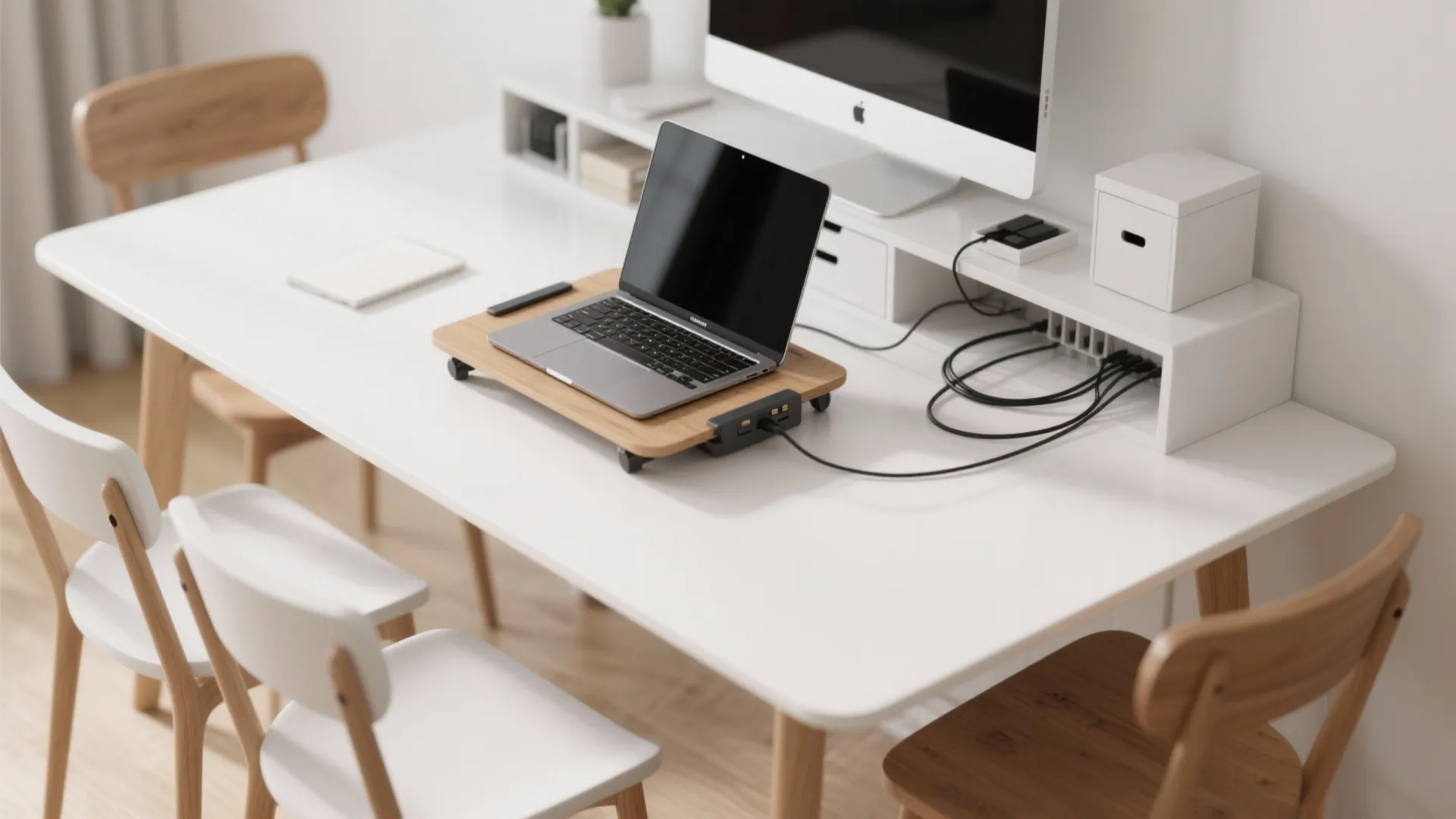 Minimalist white home office desk featuring a laptop on wooden stand with several power cables