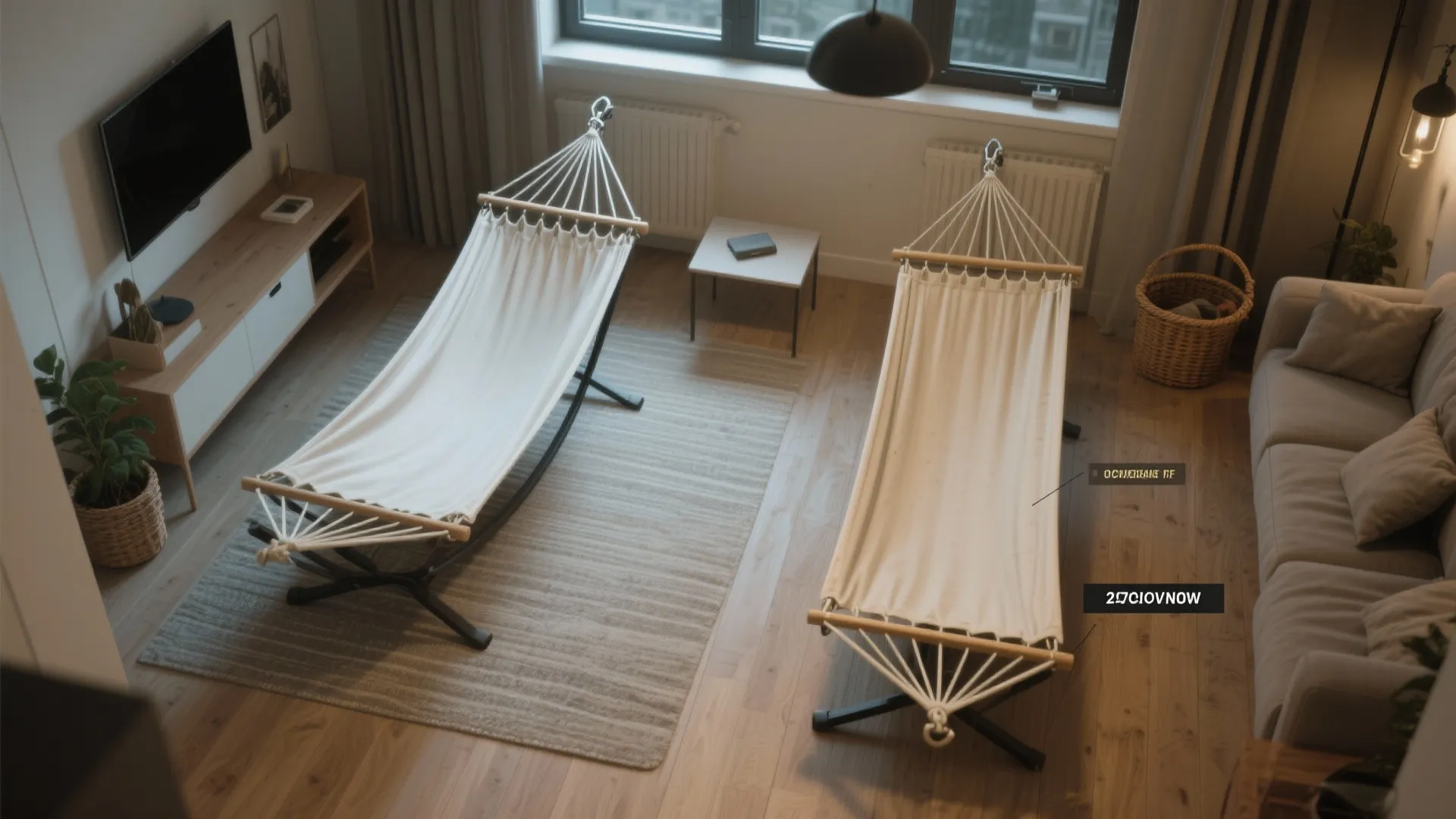 Modern living room featuring two white indoor hammocks on stands with wood floors and sofa