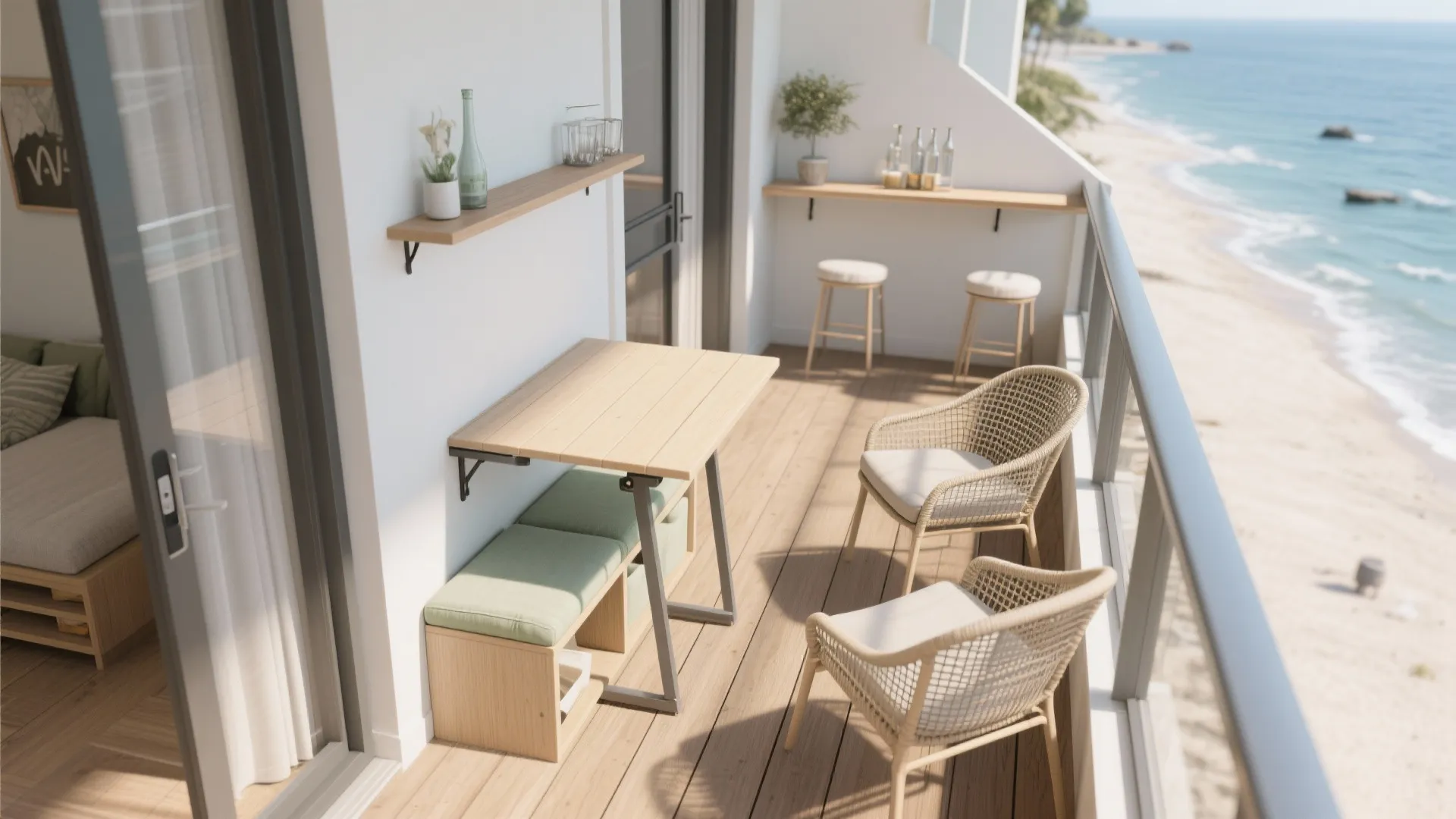 Small balcony interior design with folding table two chairs bar stools and beach ocean background