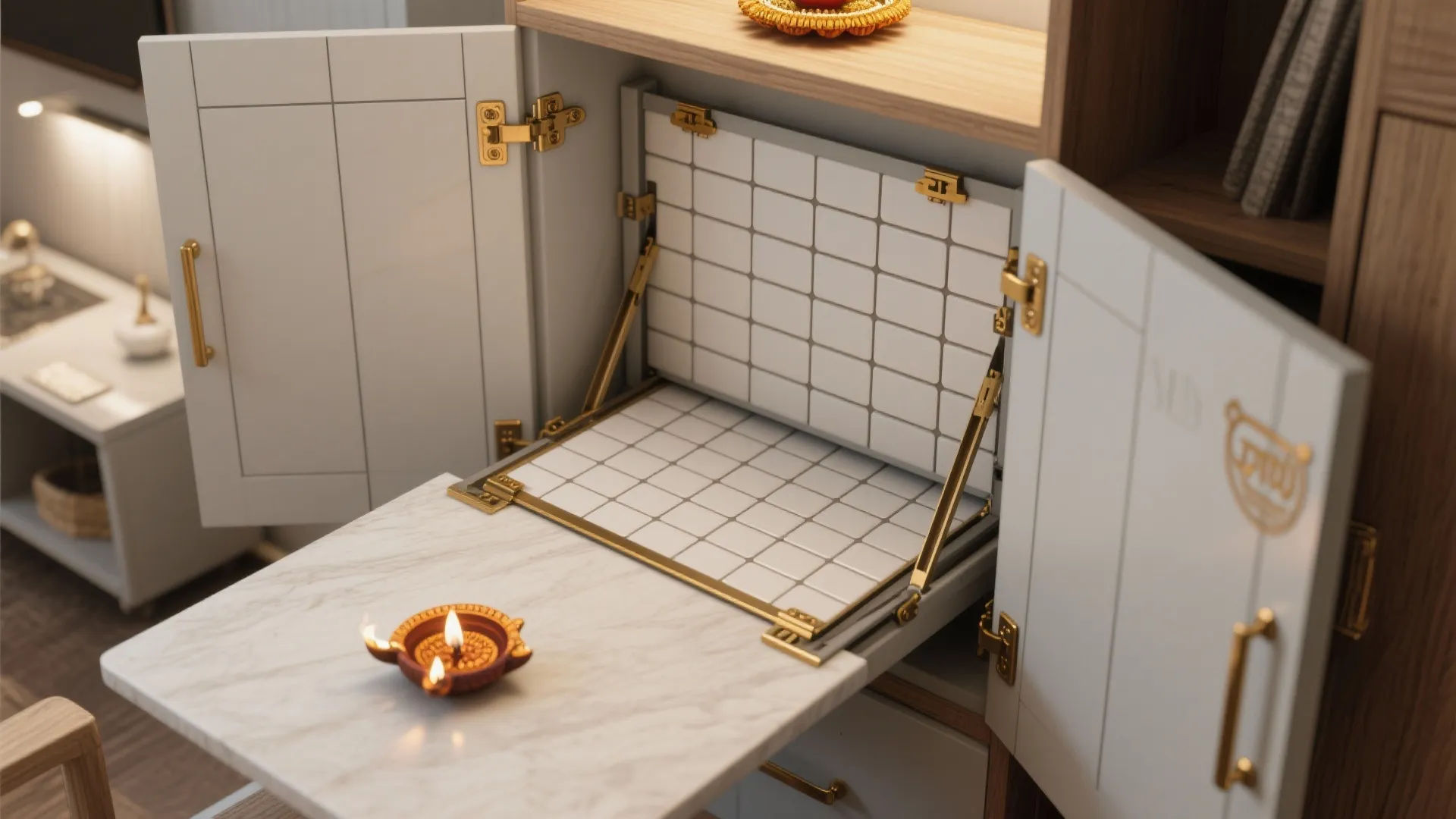 Fold-away pooja panel for studio apartments
