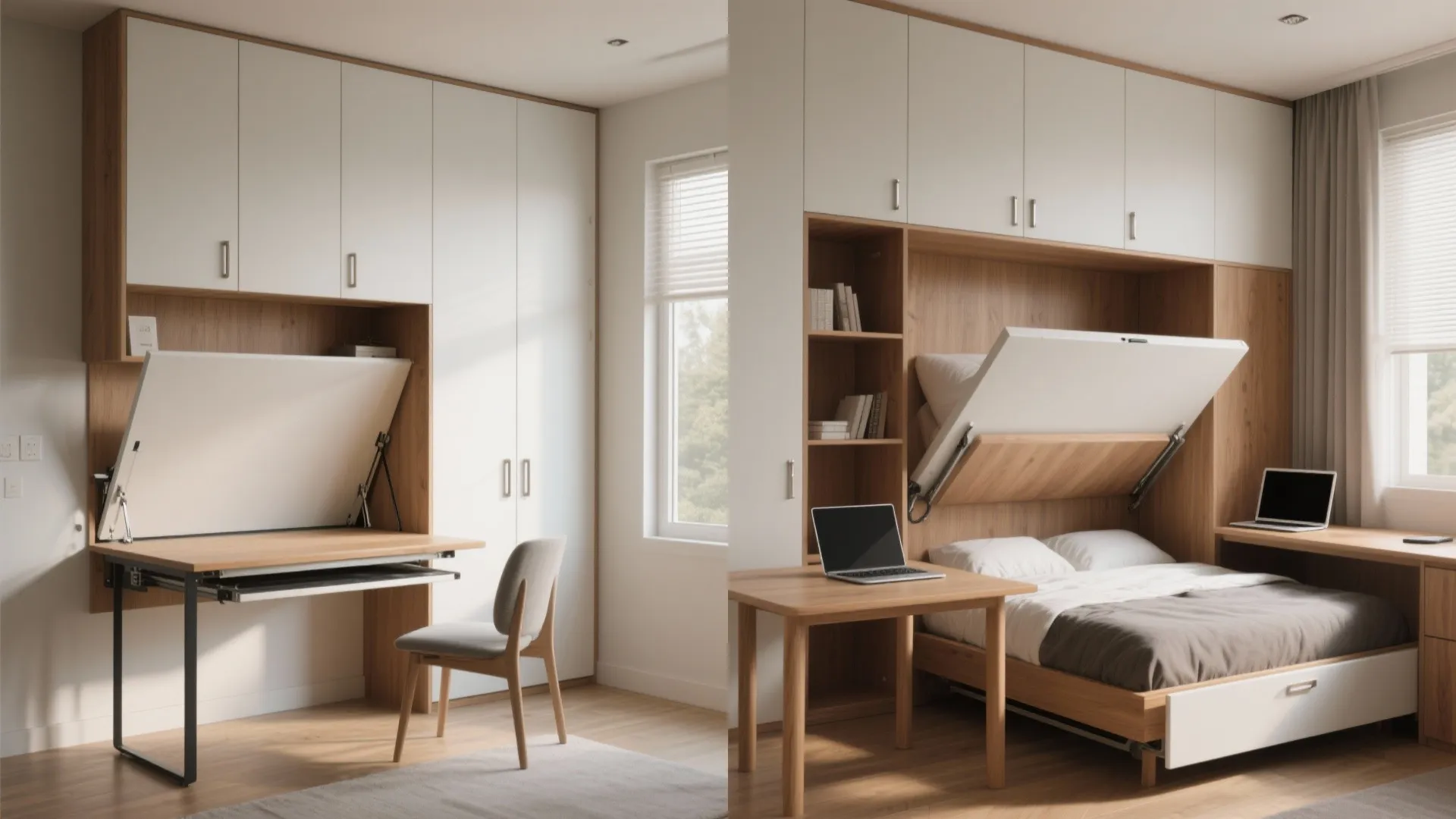 Modern small room showing a space saving fold out desk and a pull down bed