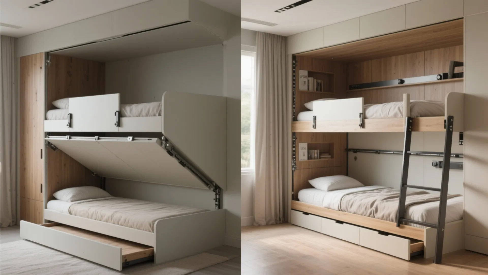 Modern fold down bunk bed system with wooden panels white frame and pull out trundle bed