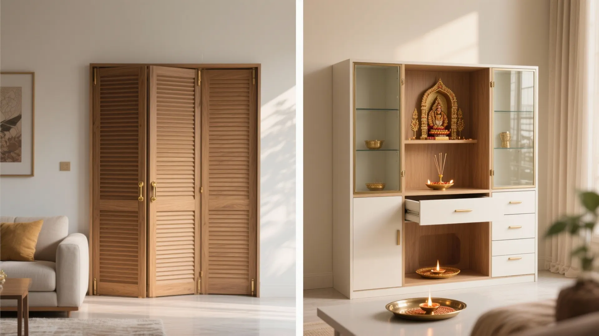 Multifunctional, fold-away pooja unit that adapts to daily life