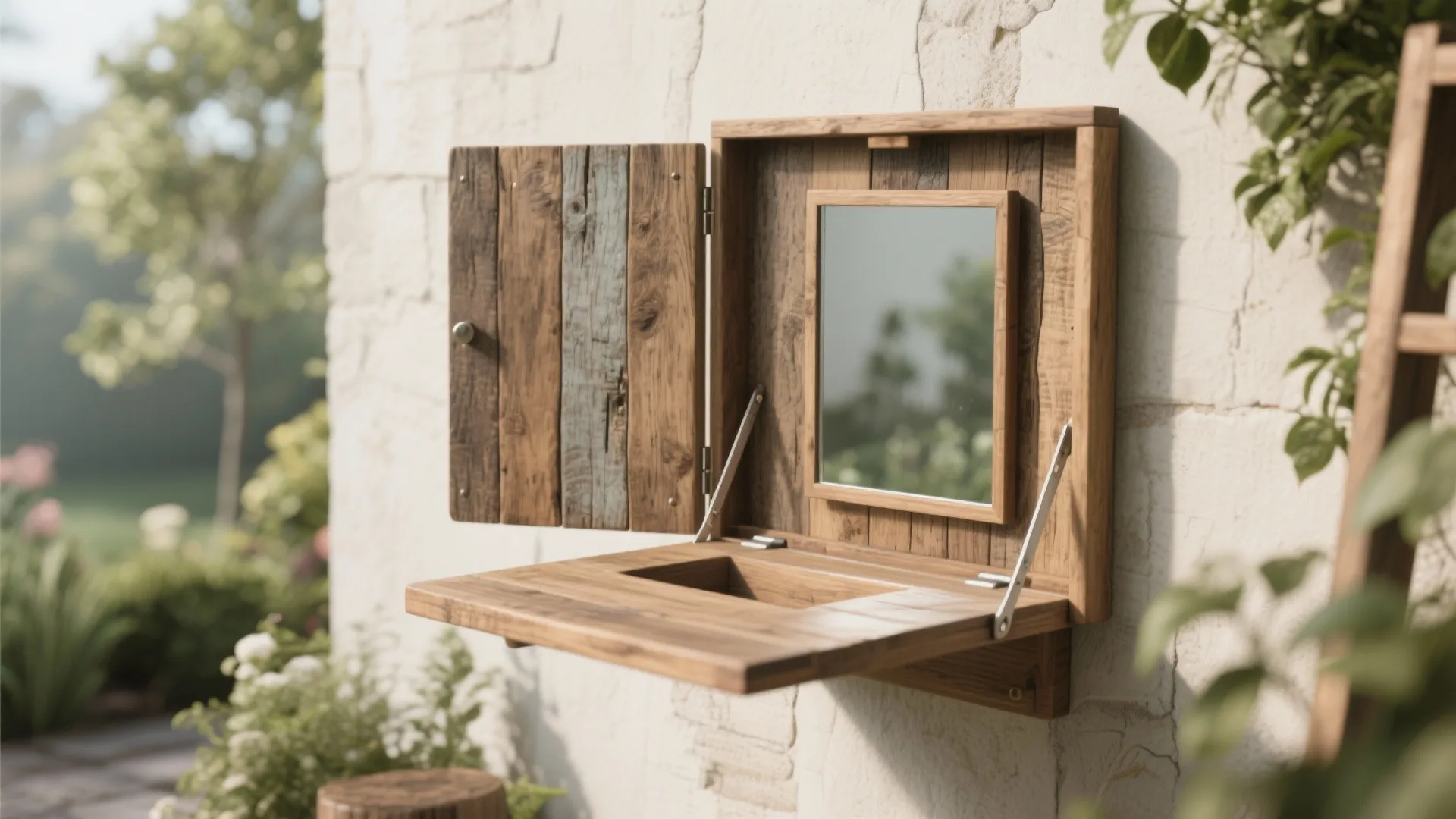 Wall mounted wooden folding table with mirror and storage box installed on an outdoor wall