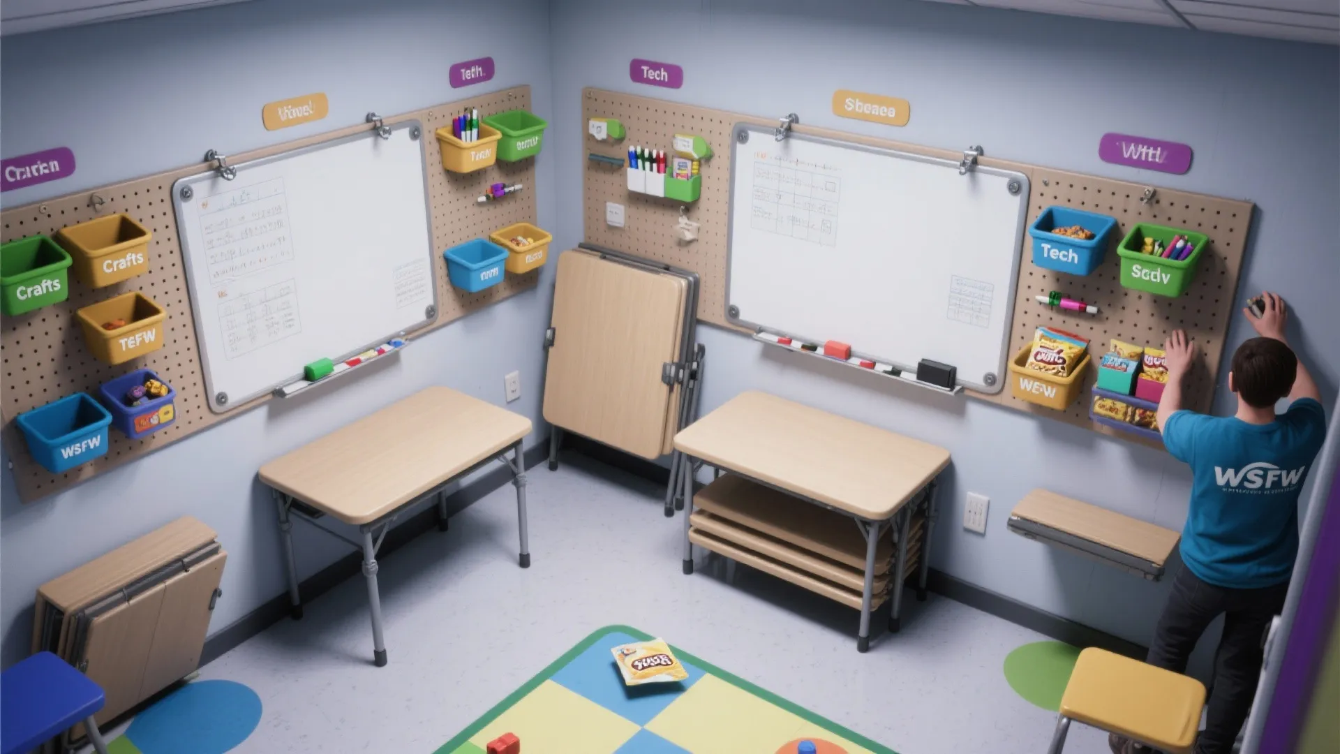 Creative work room with pegboards, whiteboards, colorful storage bins, and several foldable wooden work tables