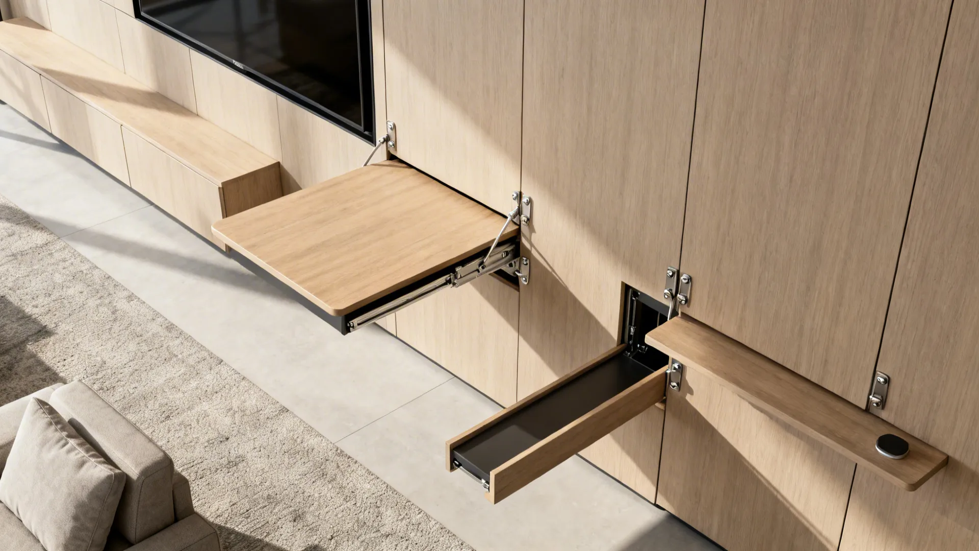 Top-down view of a multifunctional wall with a fold-down desk and slim console