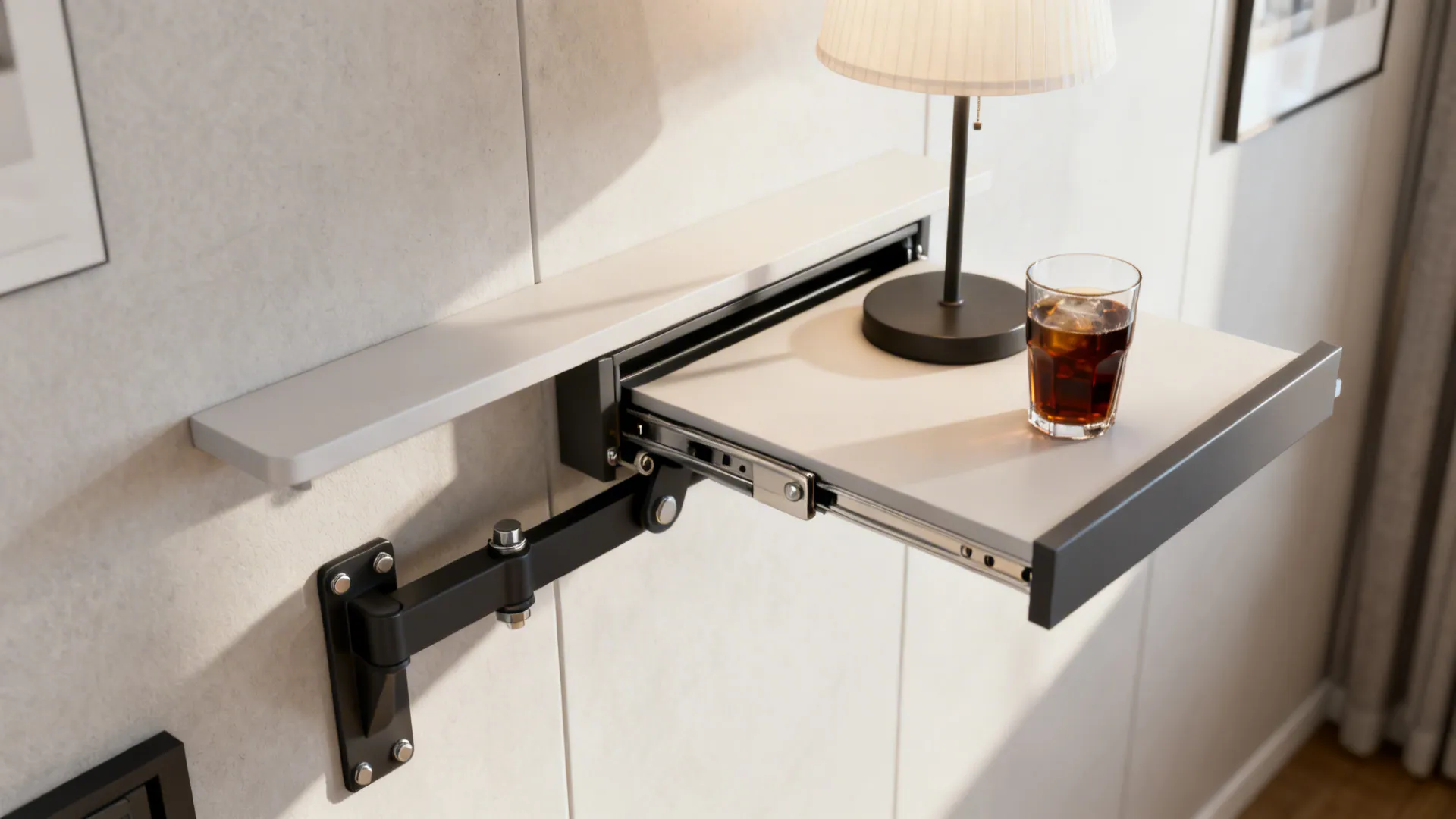 White wall mounted folding shelf with black metal arm holding table light and drink glass