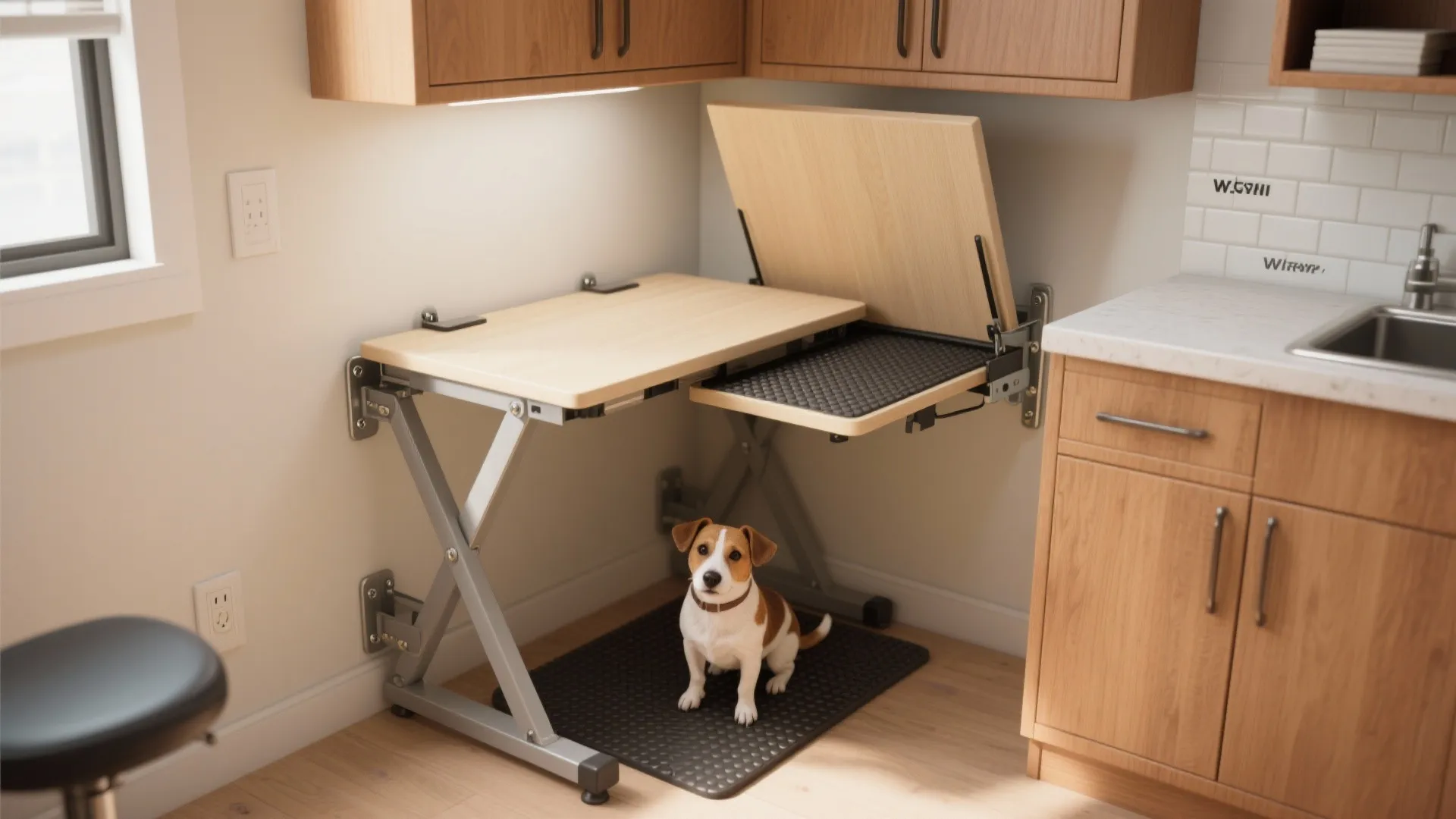 Foldable wooden wall table in kitchen with small dog sitting underneath on black floor mat