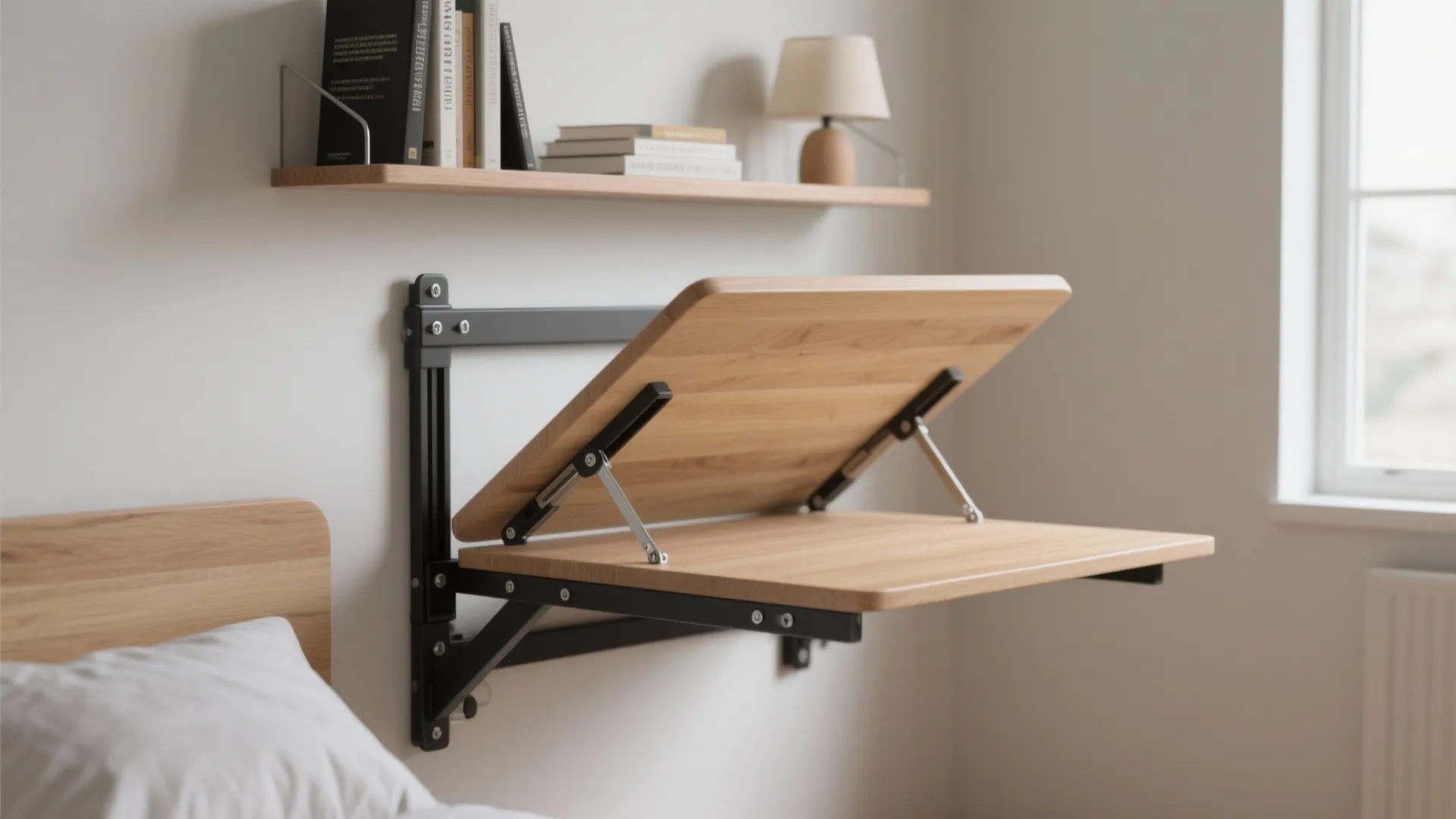 Wooden wall mounted folding table shown in half open position next to a white bed