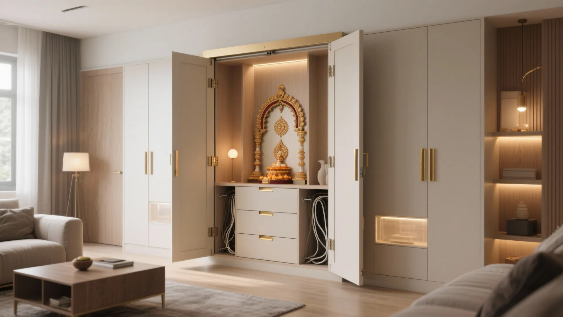 Foldaway Mandir in a Living Room Wall Unit