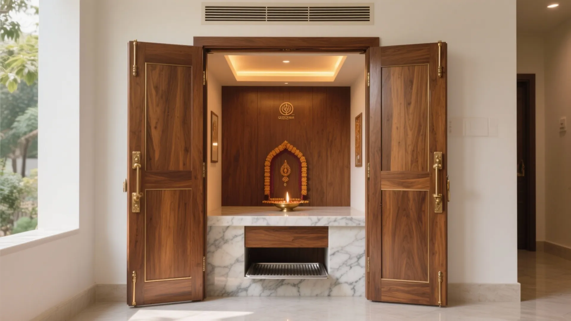 Wooden cabinet with open doors showing small prayer area with marble base and warm light