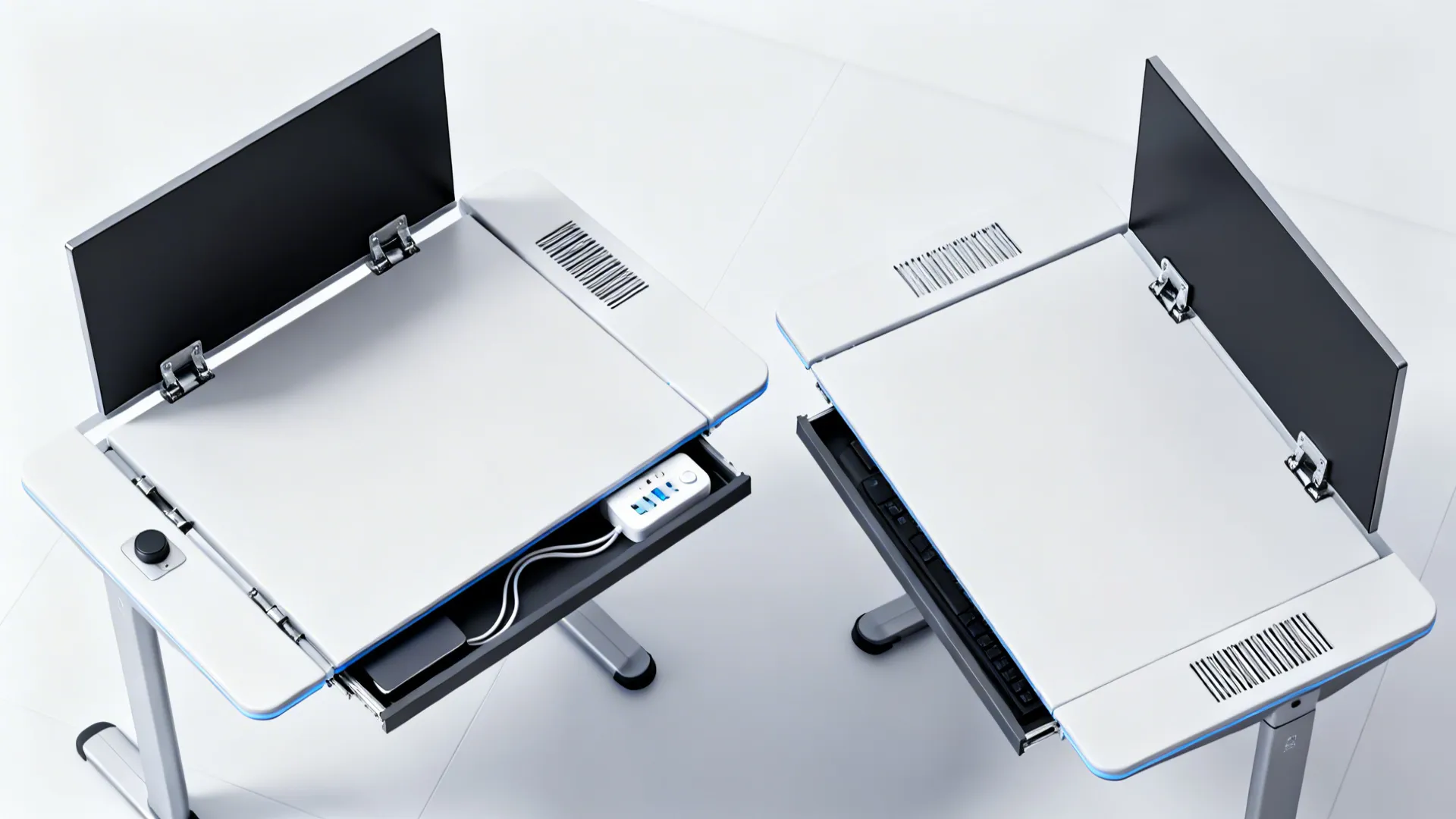 Top-down view showing a fold-away desk in open and closed positions with a hidden tech hub and cable channels.