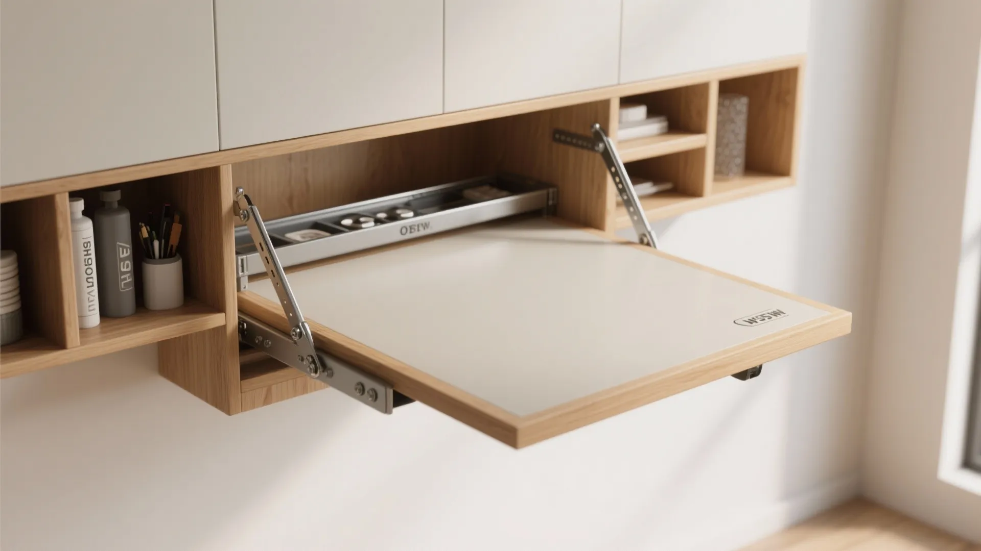 Modern wood cabinet with a pull-out work surface and metal hinges for a compact kitchen
