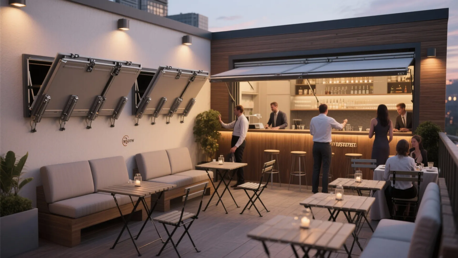 Rooftop bar with outdoor seating areas grey sofas wooden tables and open folding glass windows