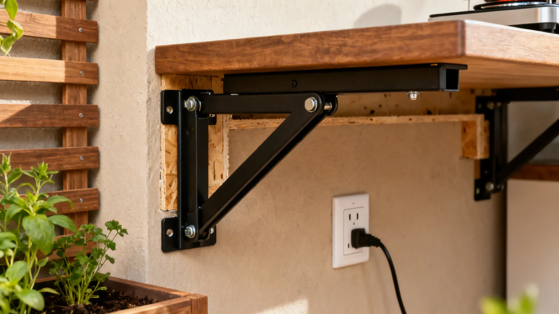 Macro of a heavy-duty fold-down bar bracket and nearby herb trellis with a grounded outlet.