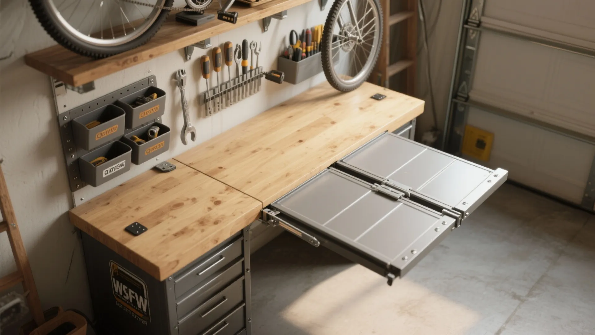 3. Fold-down workbench and modular tool stations