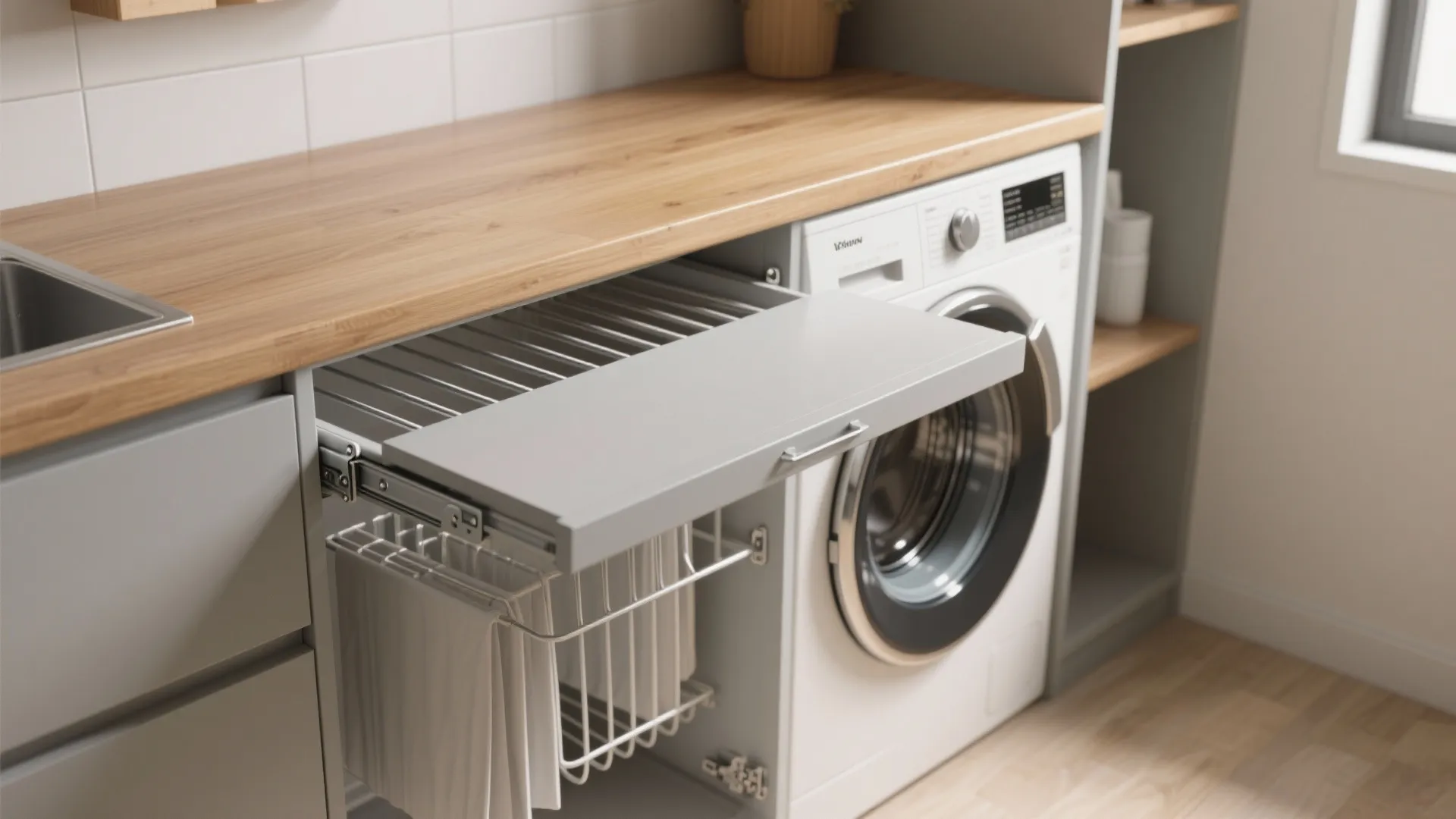 Fold-down counters and pull-out drying racks