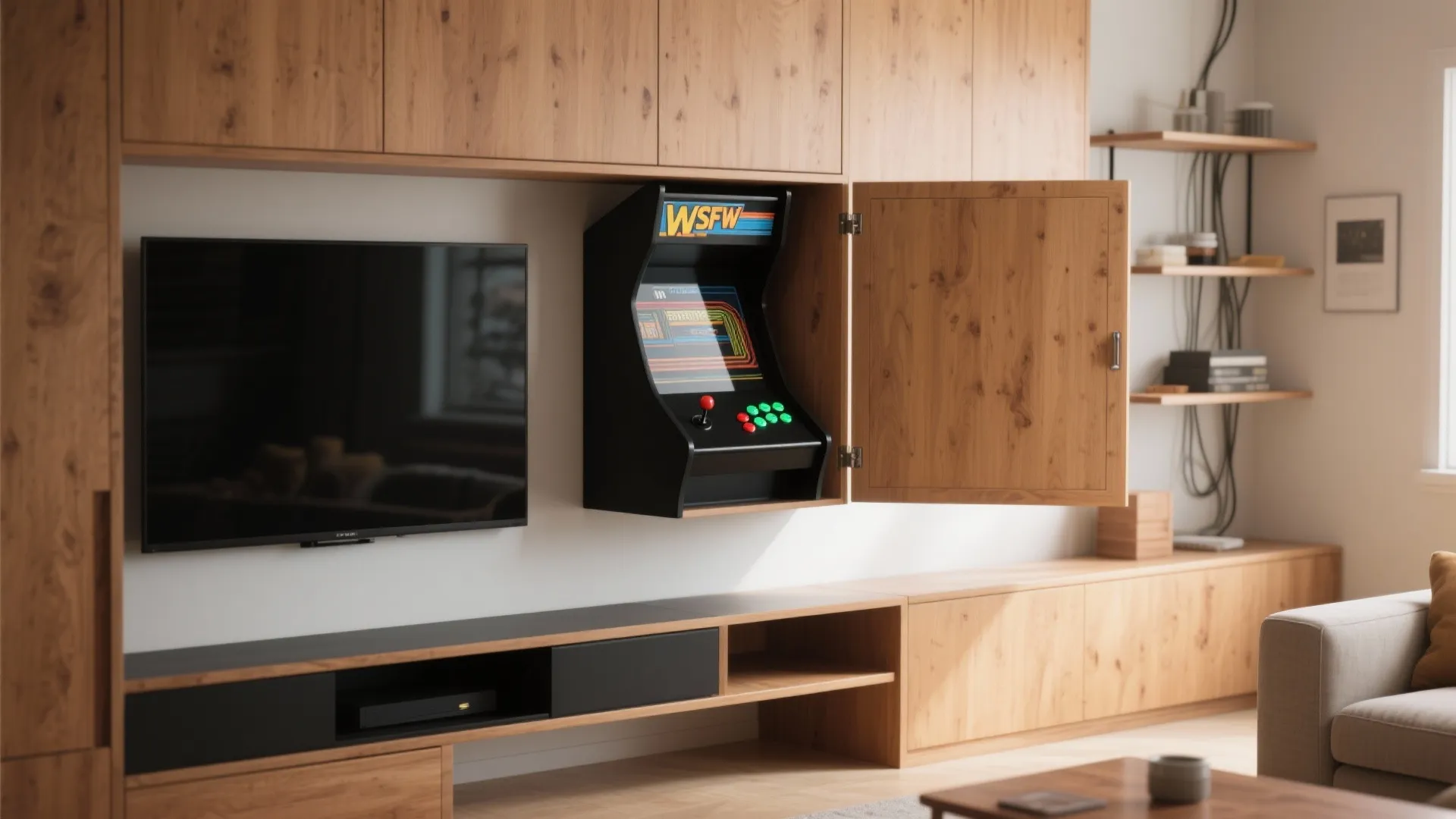 Fold-down arcade wall recessed into a clean wood cabinet, shown open with retro controls and closed as a seamless panel.