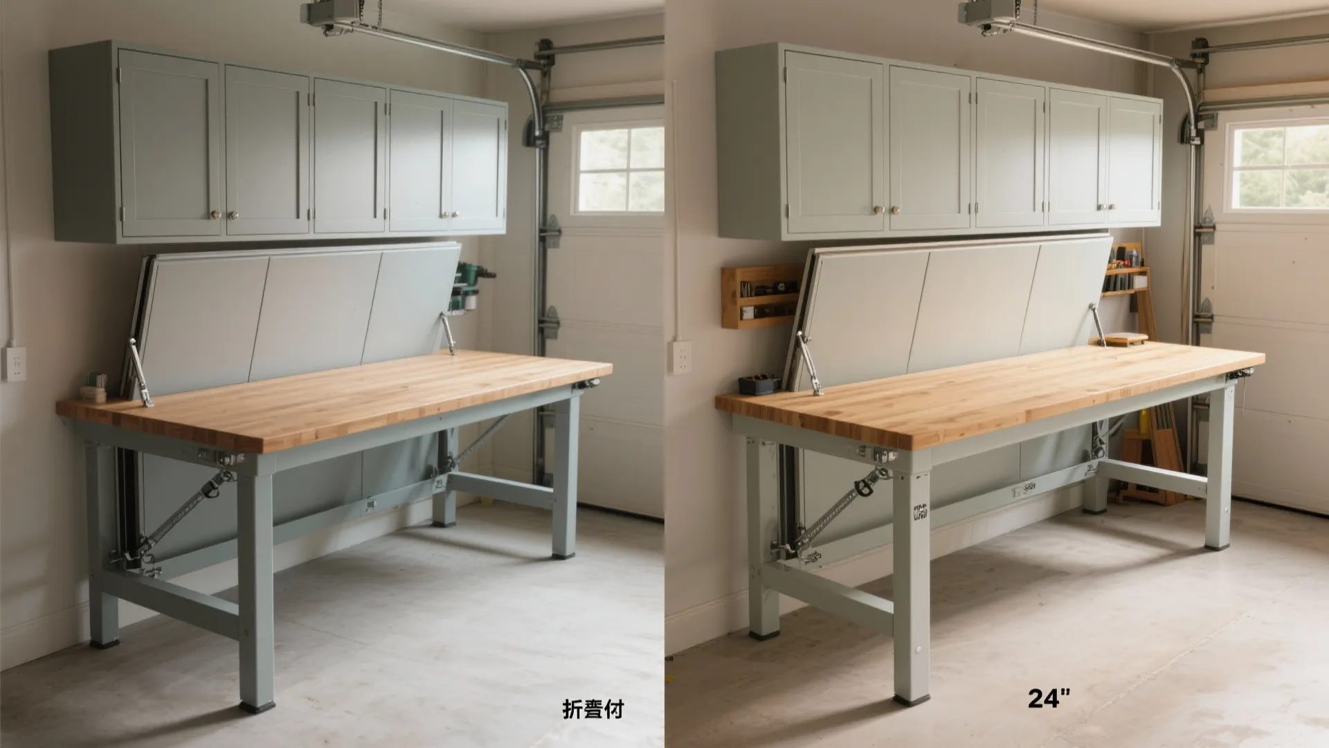 Side by side comparison of a light grey wall cabinet with a fold down workbench