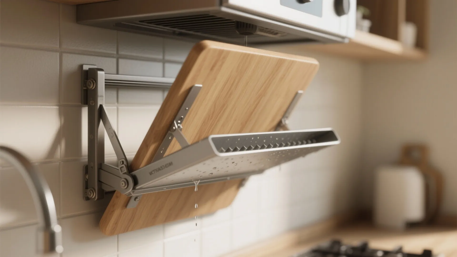 3. Fold-down wall board with integrated drip tray