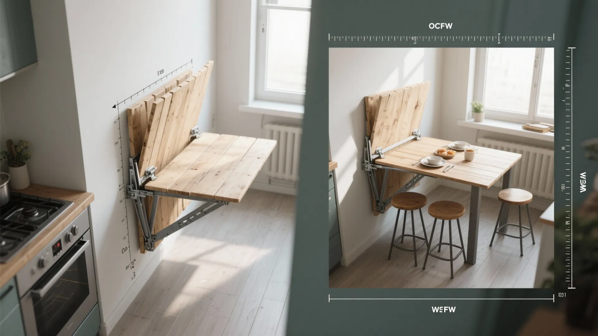 Before and after comparison of a wall mounted wooden folding table for a small kitchen