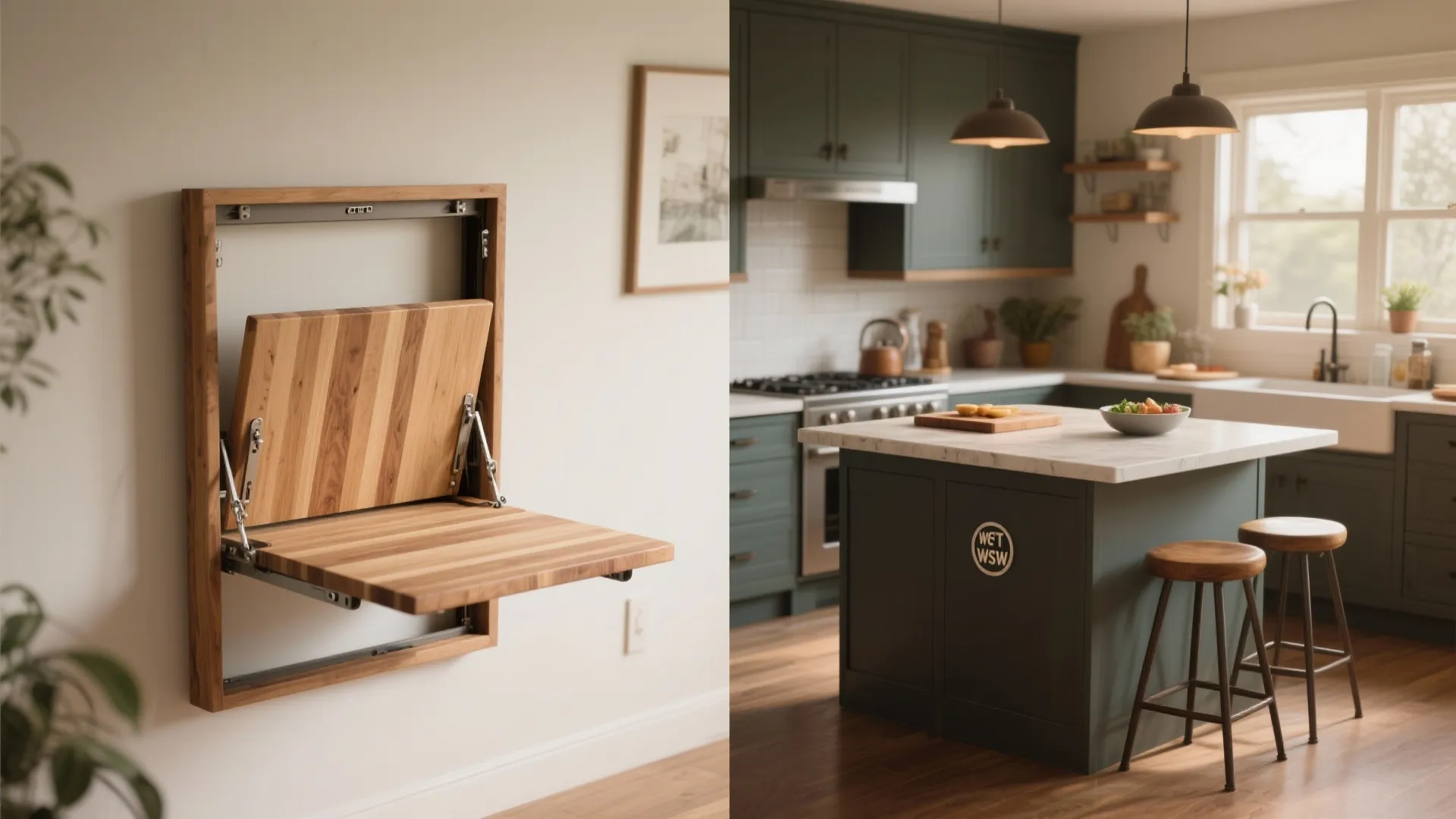 Modern kitchen featuring wooden folding table mounted on white wall and green island with stools