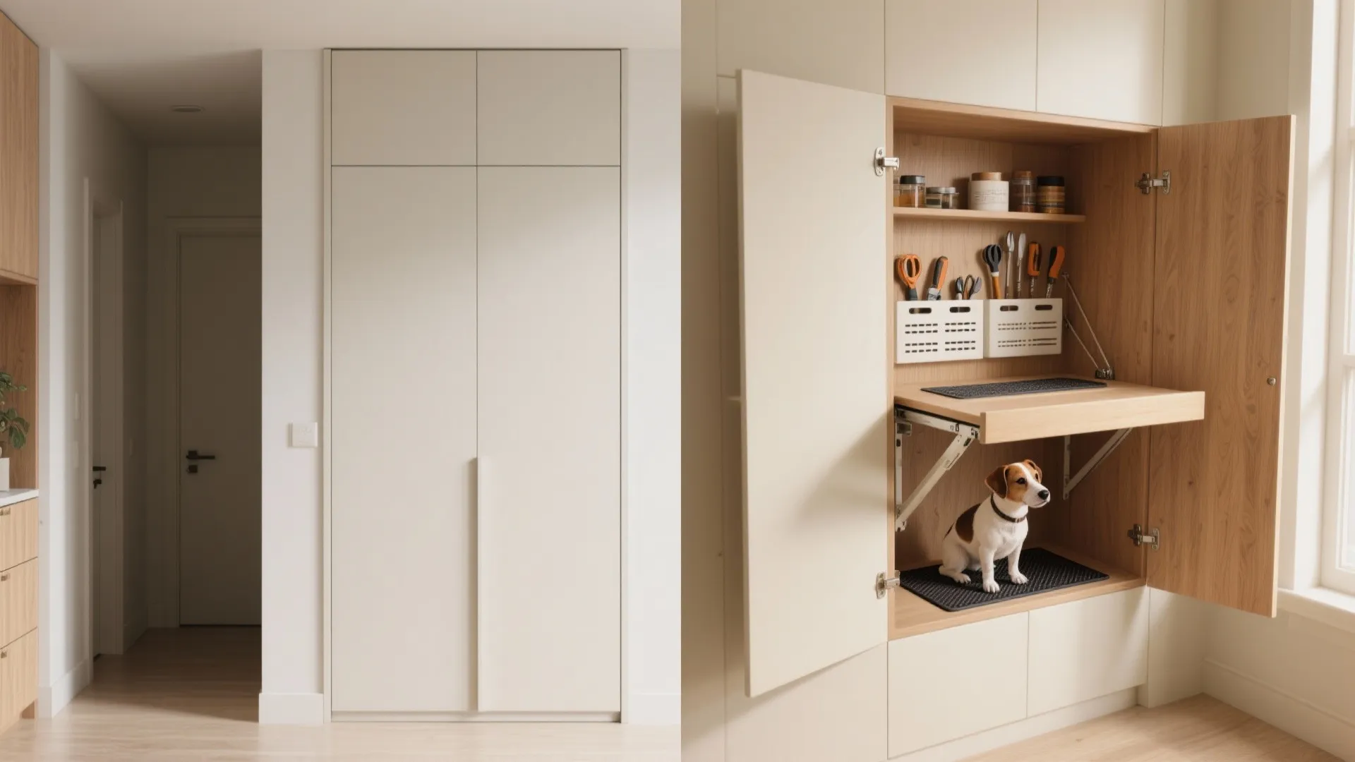 Comparison of closed white storage cabinet versus open wall cabinet with fold-down pet grooming table