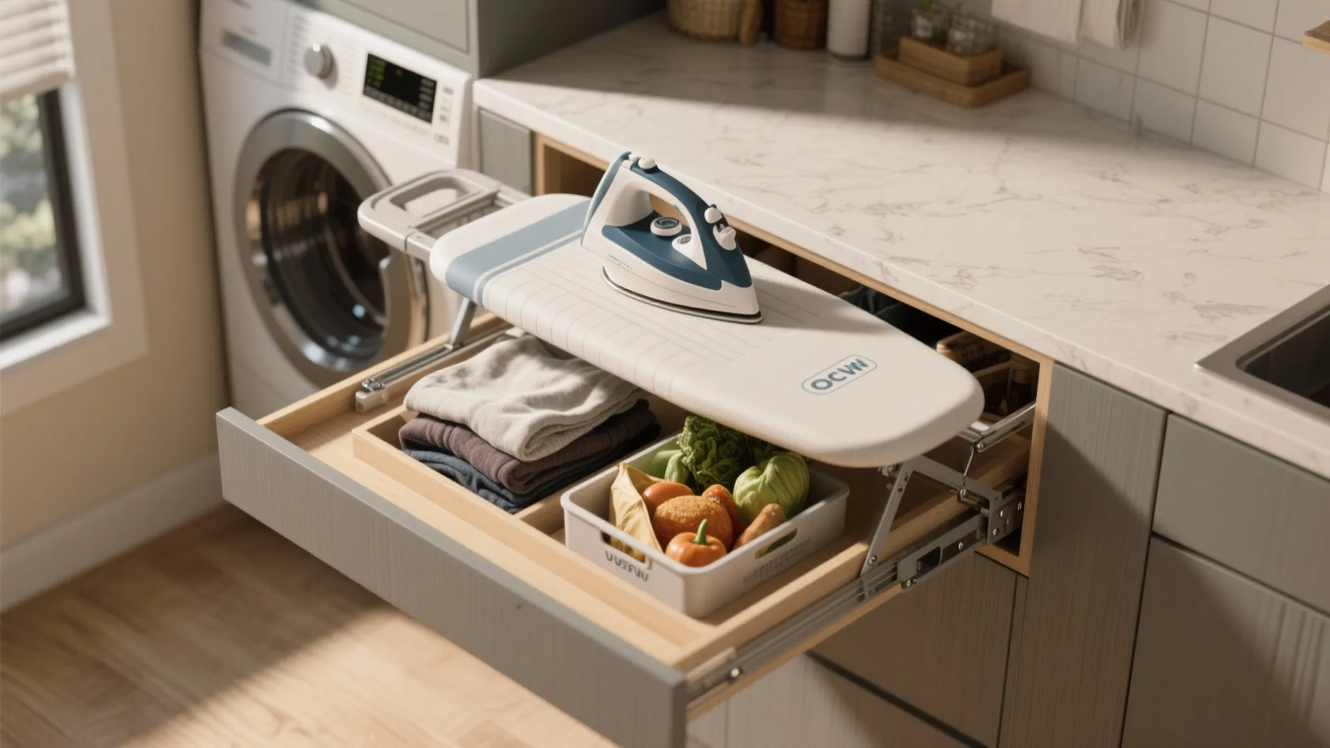 Fold-Down Ironing Board and Multi-Use Counter