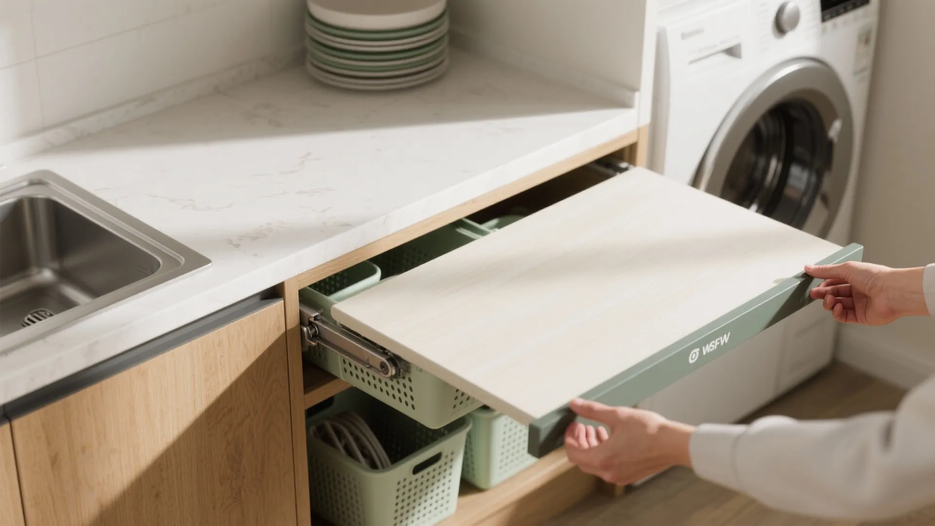 Hands pulling out a sliding wooden shelf from a laundry cabinet next to a sink