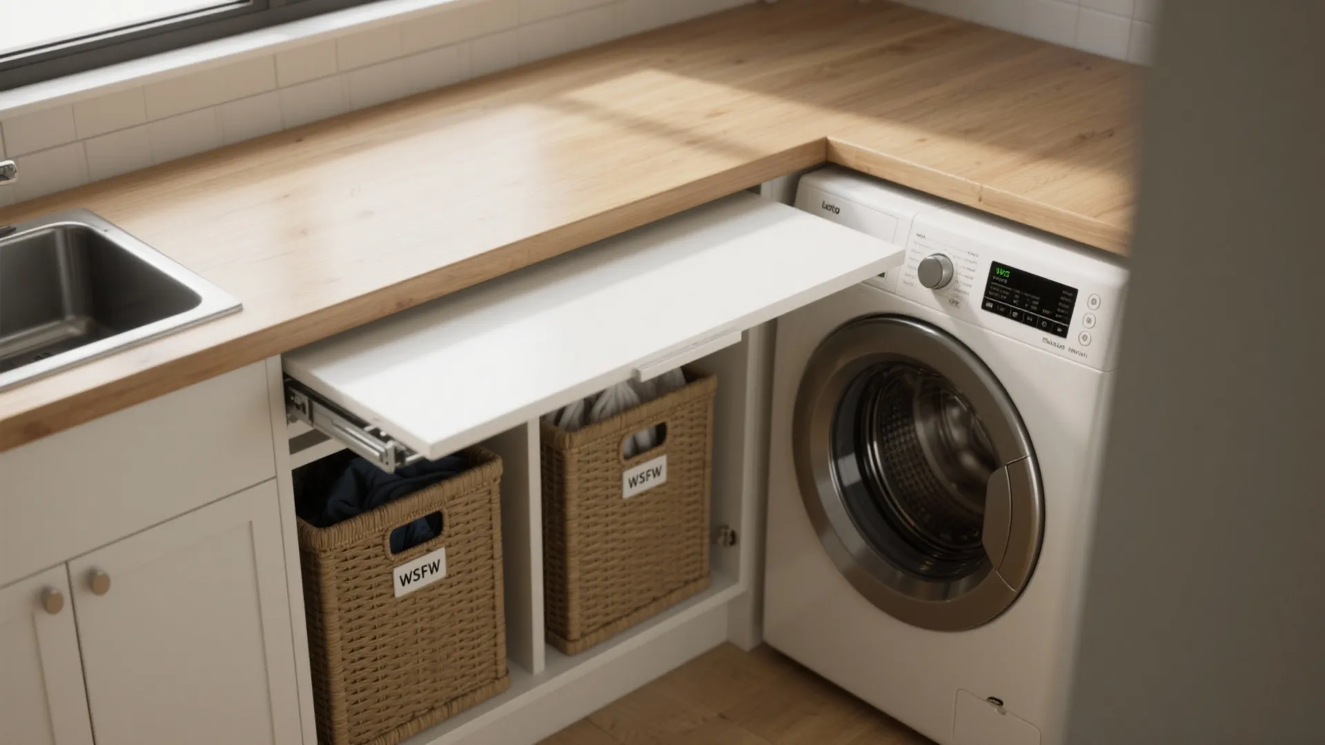 Top-down view of a fold-down counter over a washer with concealed pull-out hampers