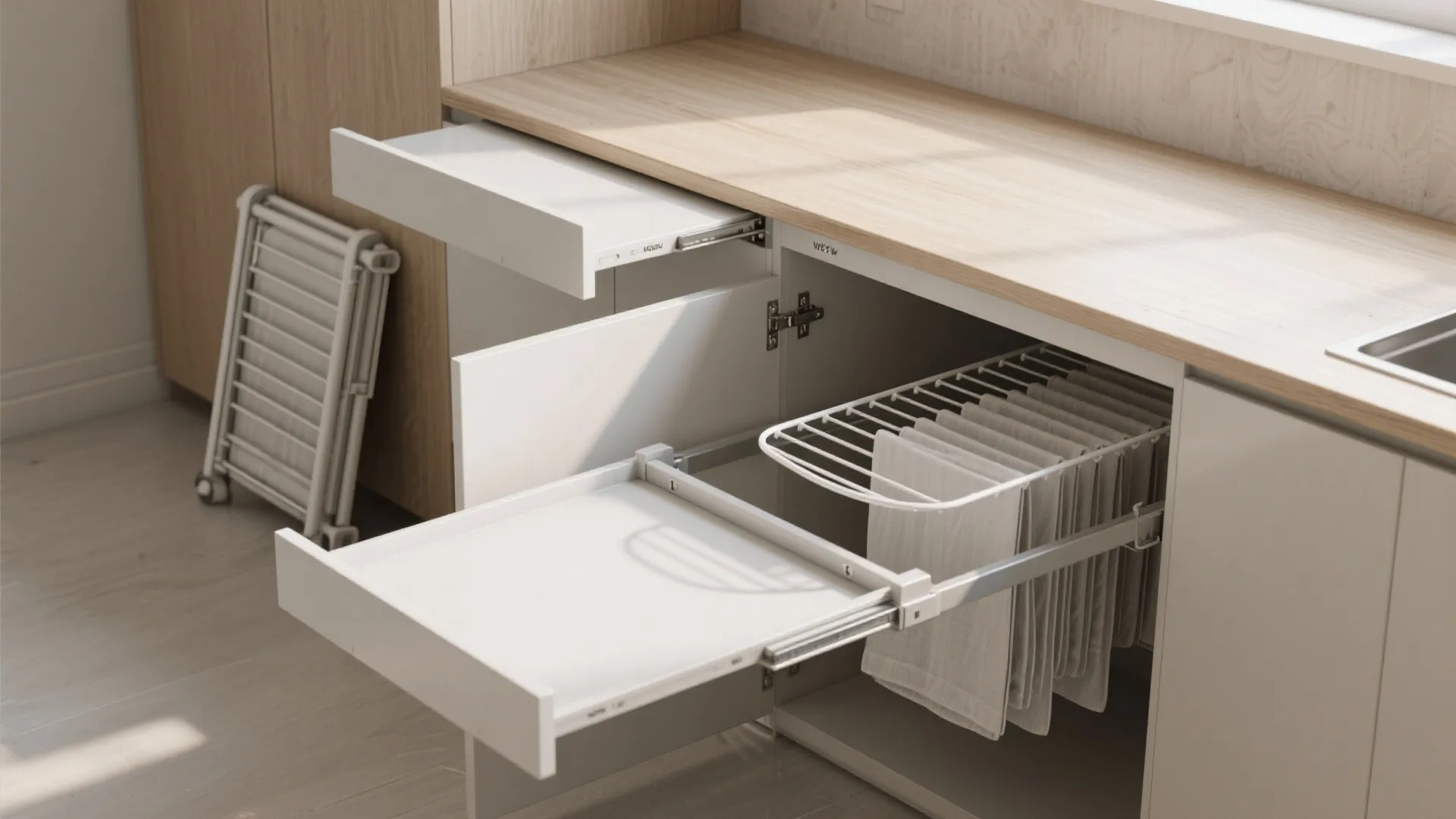 2. Fold-down counters and retractable drying racks