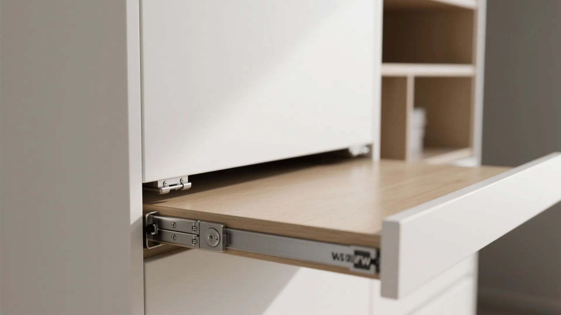 Modern white cabinet featuring a pull out wooden desk surface with metal sliding hardware rails