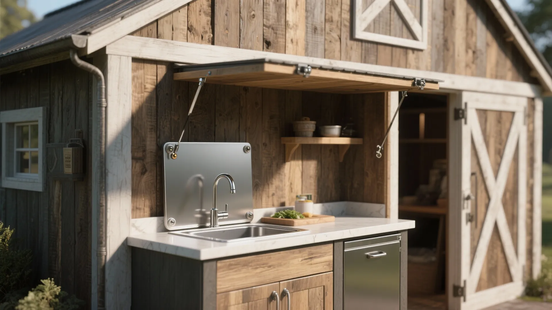 1. Fold-down counter barn shed