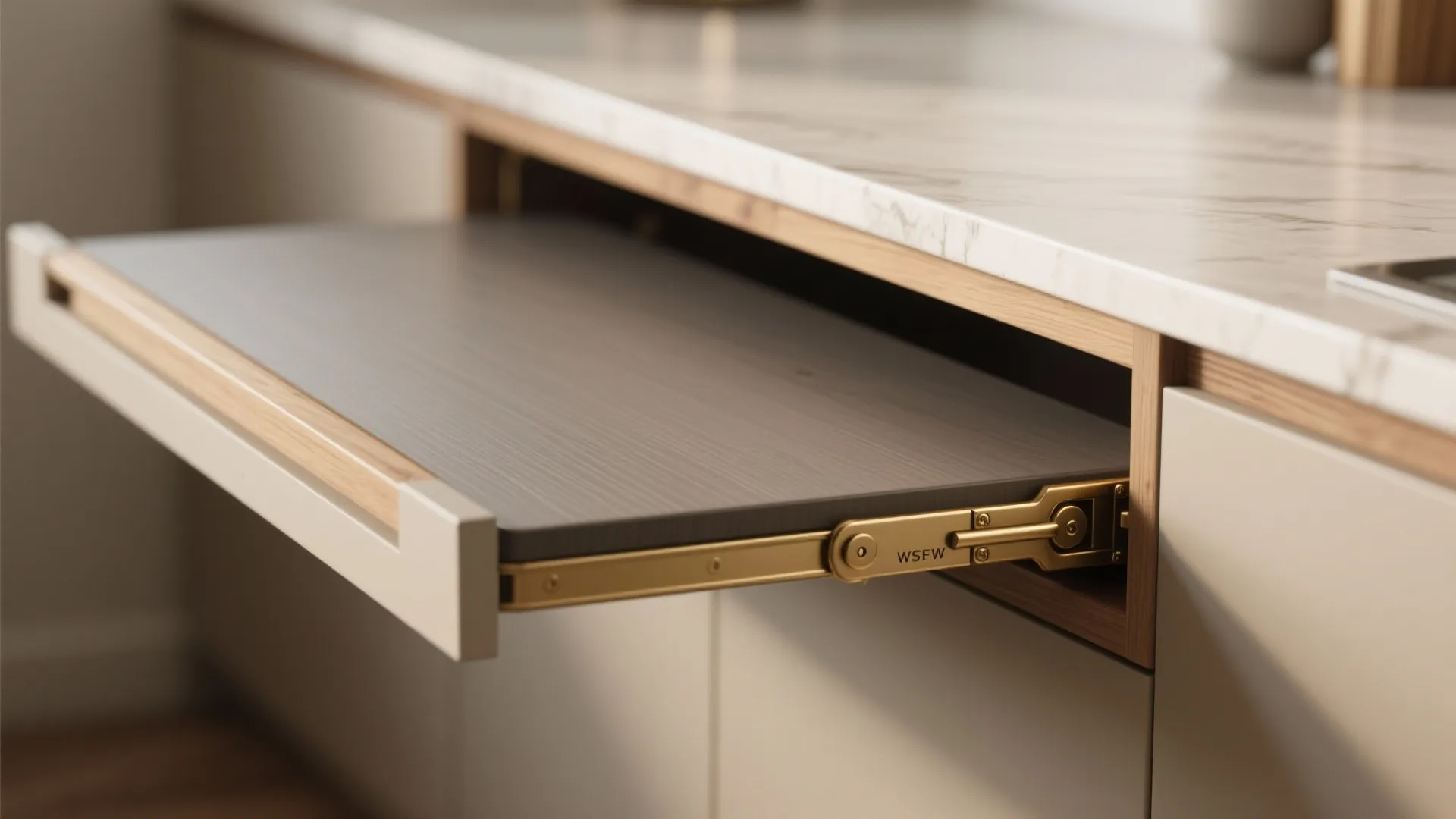 Close-up of a reinforced fold-down countertop hinge and brace in a laundry area.