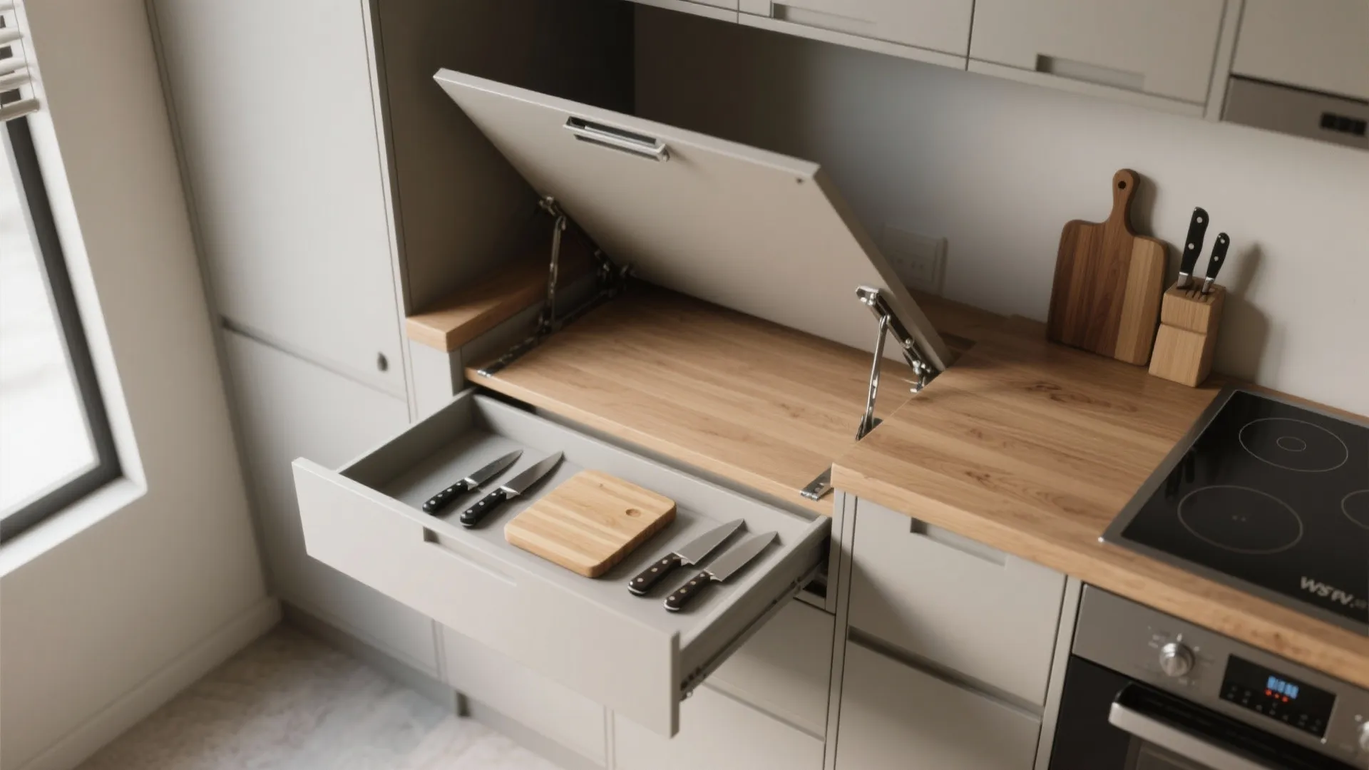 1. Fold-down countertop with integrated storage