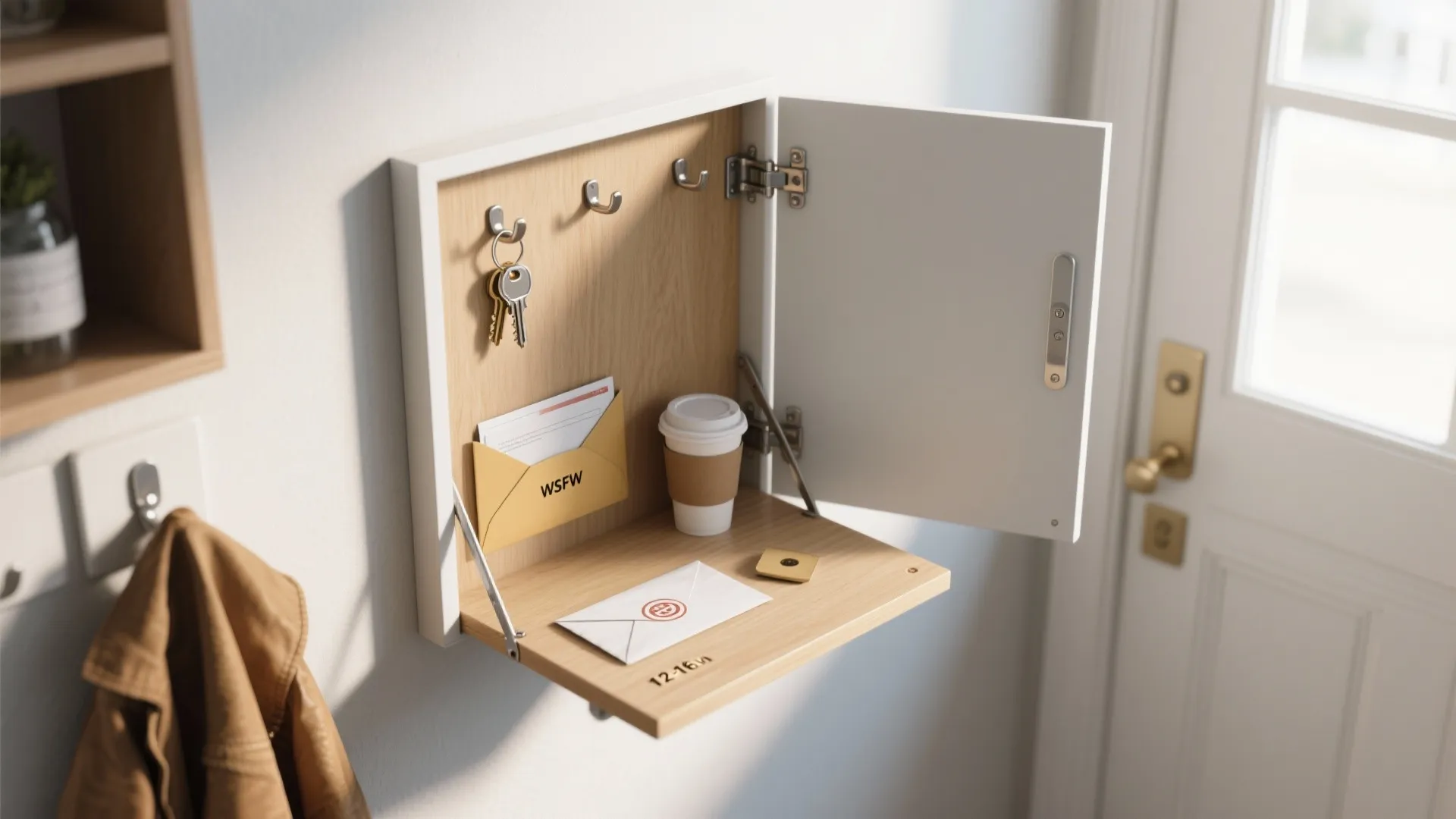 Wall mounted white cabinet opening into a small wooden desk with keys mail and coffee