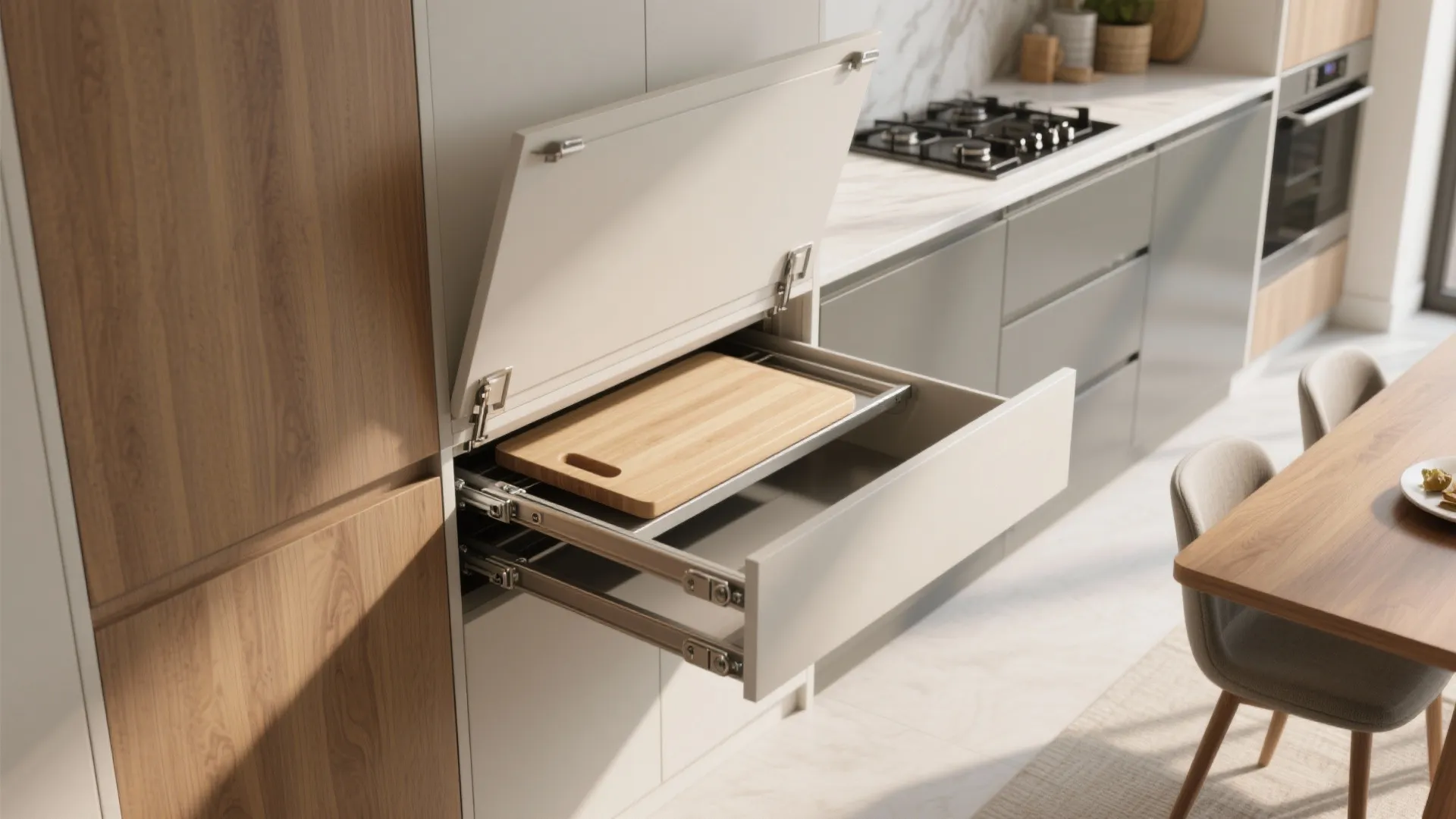 Top-down sequence of a fold-down dining table built into a cabinet with pull-out stove and cutting board.