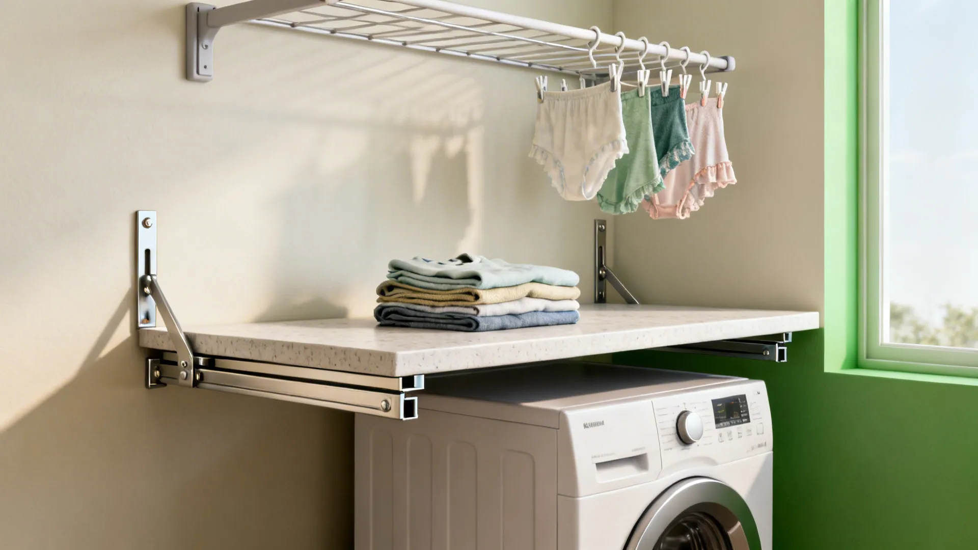 Fold-down countertop over machines with an extended wall-mounted drying rack and folded laundry.