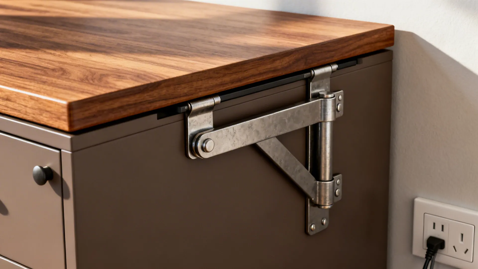 Macro of fold-down table hardware with brushed metal brackets and wood edge on matte cabinetry.