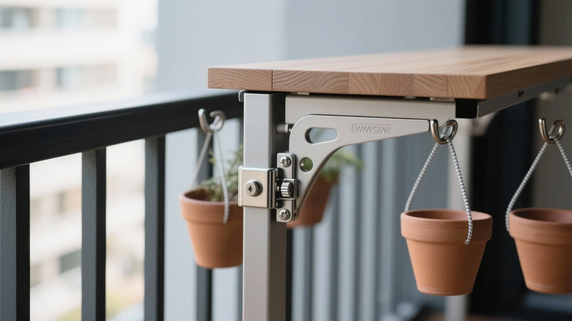 Macro of fold-down table hinges and secured hanging pot hooks on a balcony rail.
