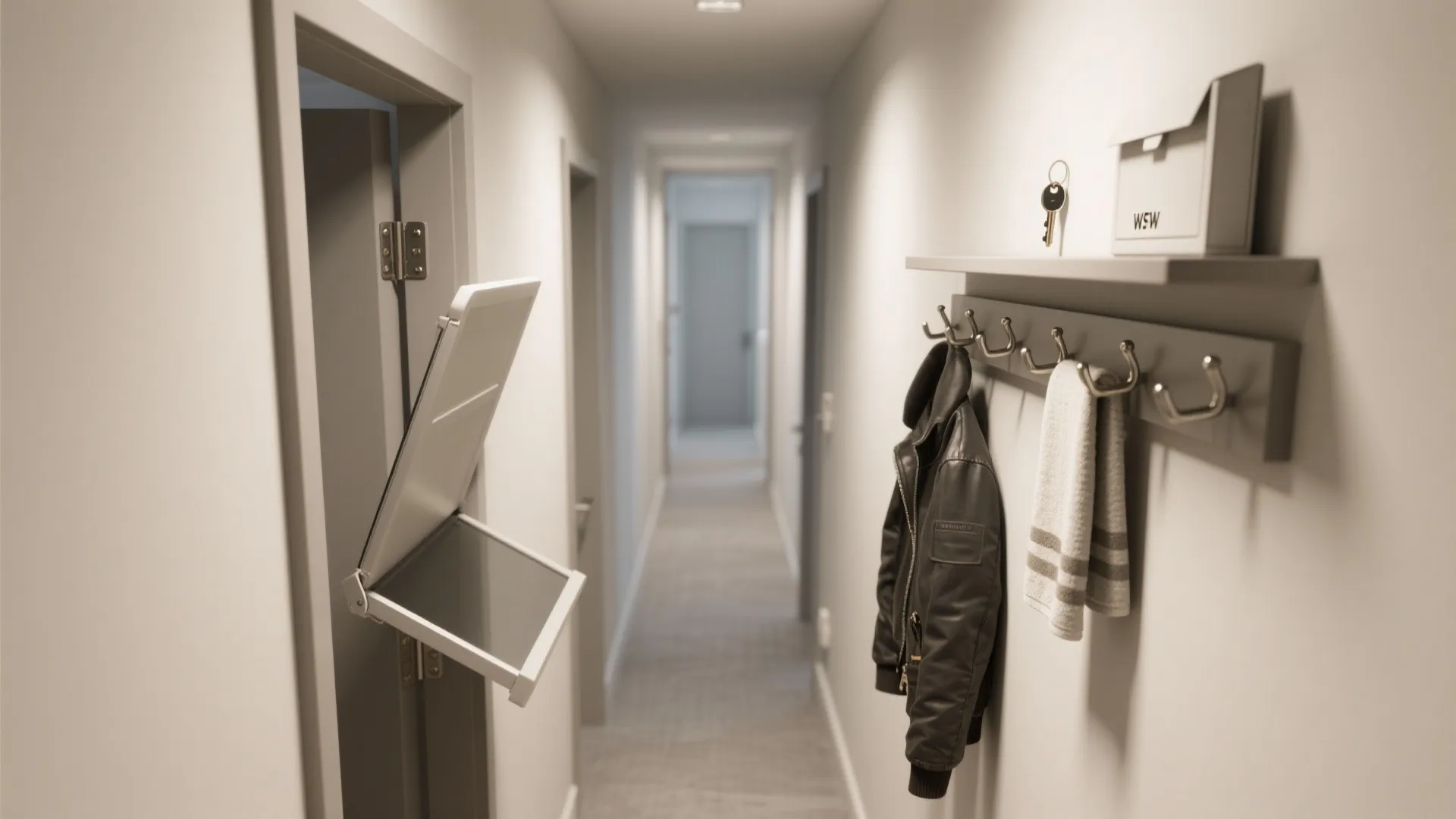 Narrow hallway featuring a grey wall rack with hooks holding a jacket and a white towel