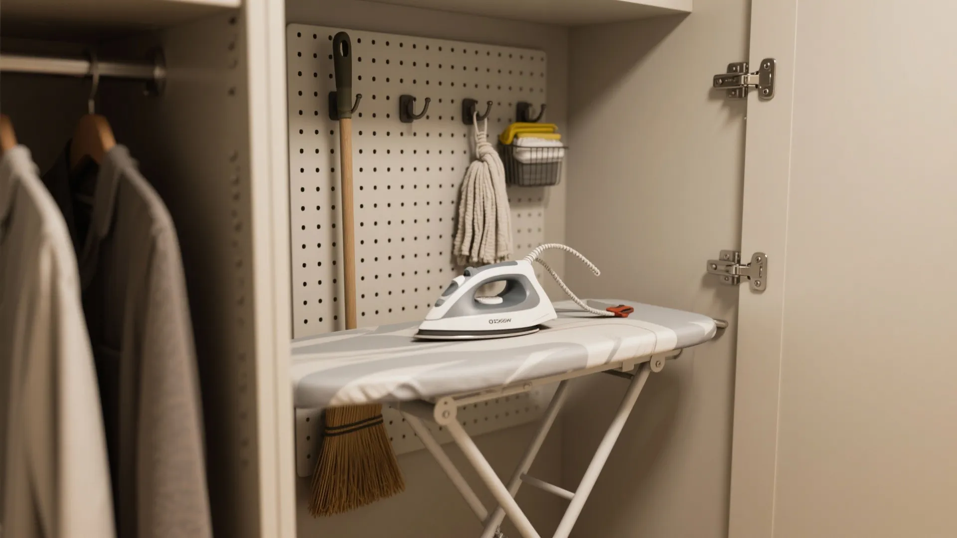4. Fold-down ironing board and vertical organizers