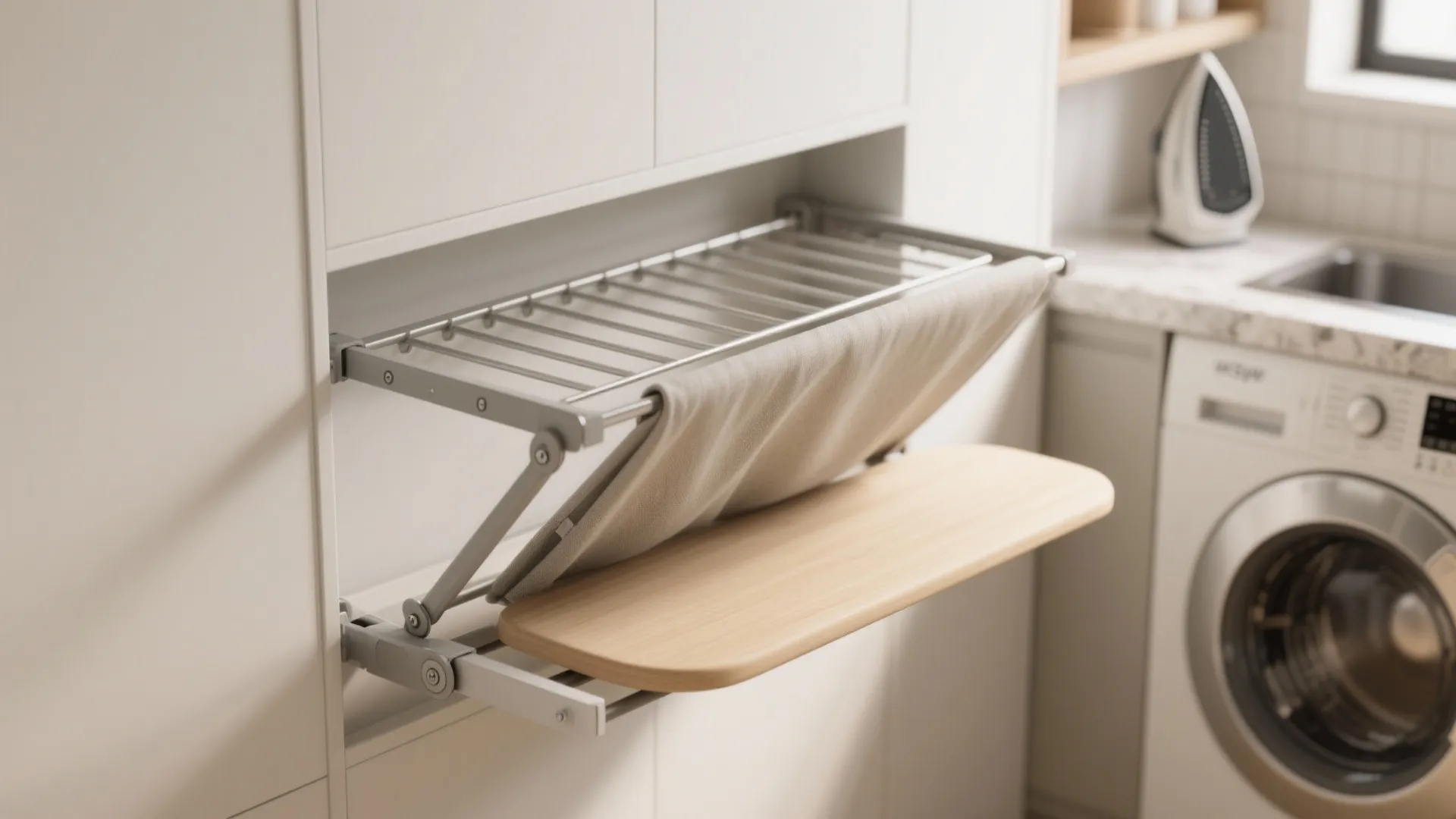 Compact wall mounted fold down ironing board and drying rack in a modern laundry room setting