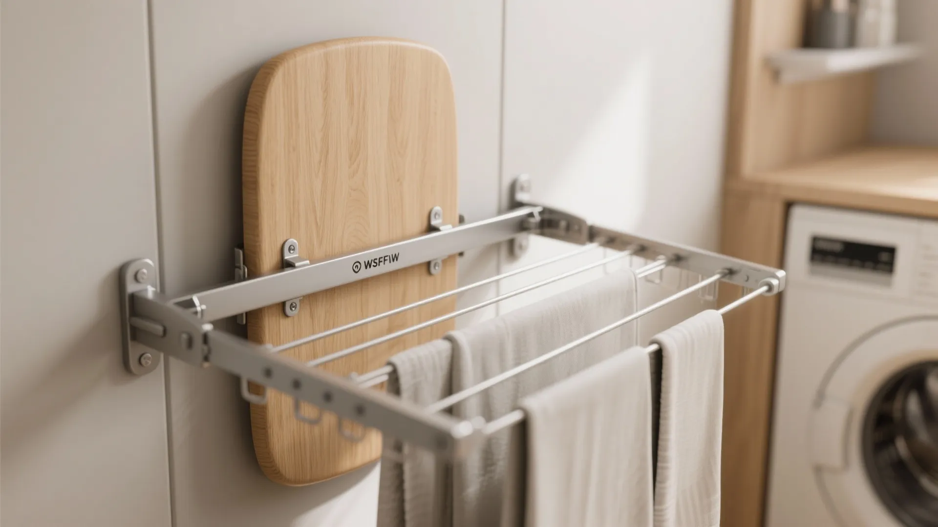 Wall mounted metal drying rack with towels next to wooden board in a laundry room
