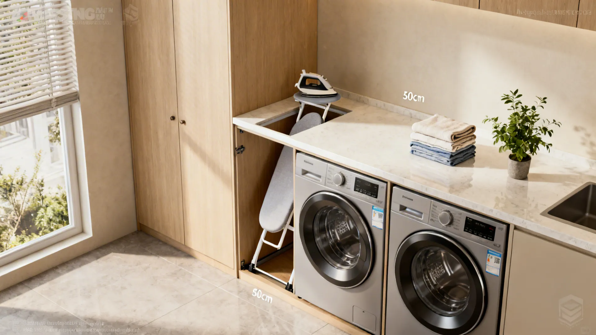 Fold-down ironing board inside a cabinet and a multipurpose countertop above front-load machines