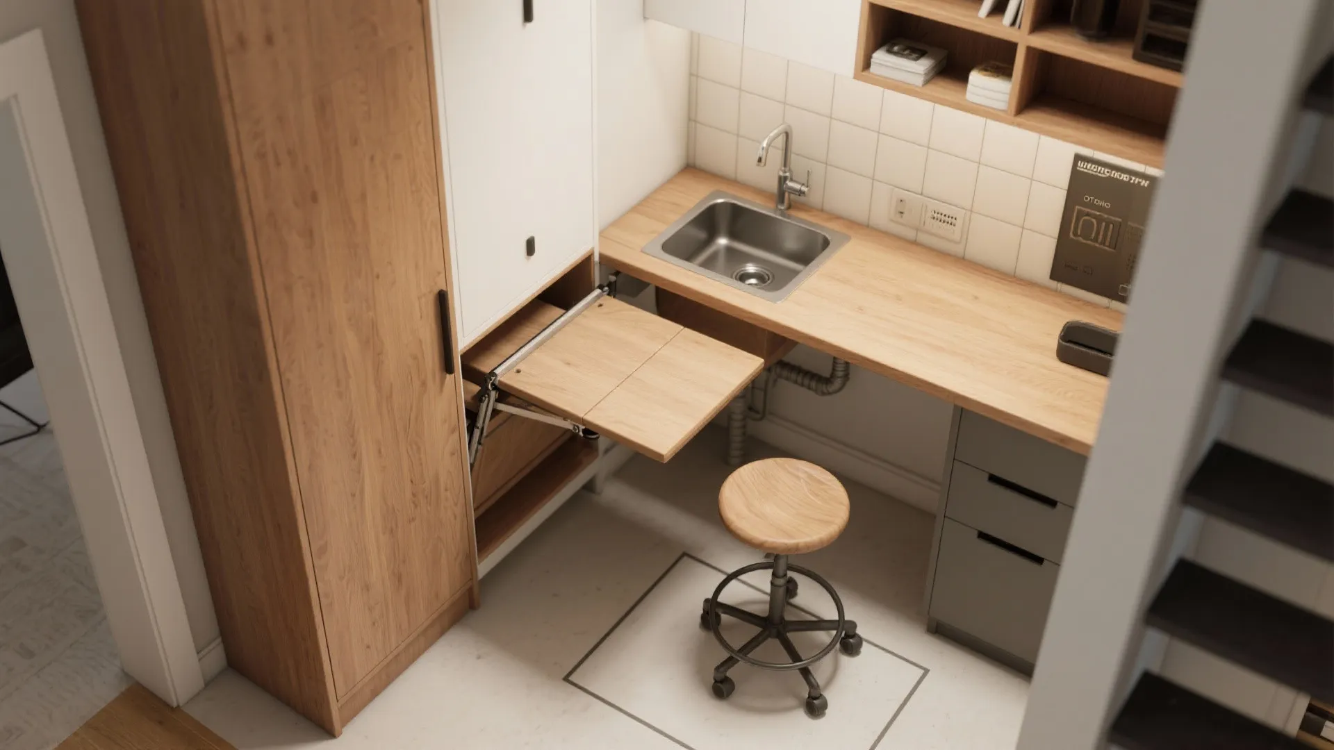 4. Combine a fold-down workbench with compact kitchenette ideas
