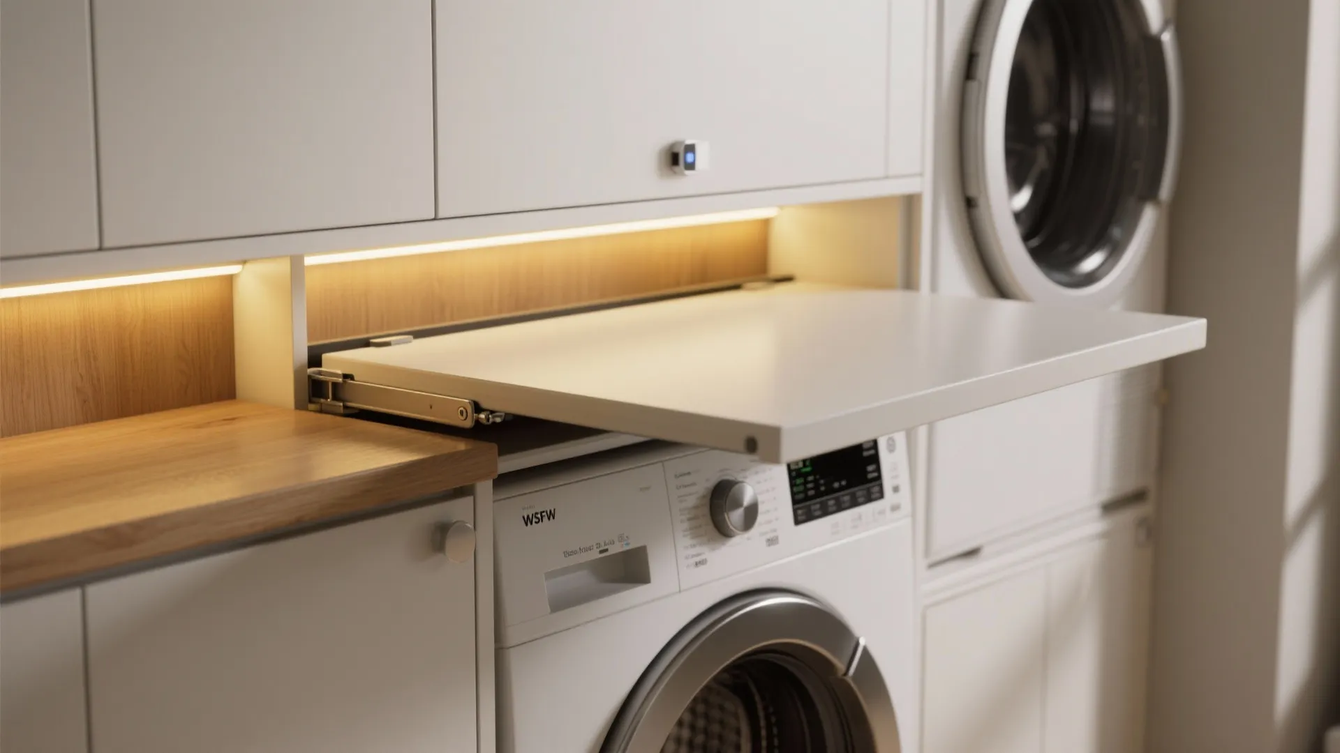 Modern white laundry cabinet with pull out folding table above a white front load washer